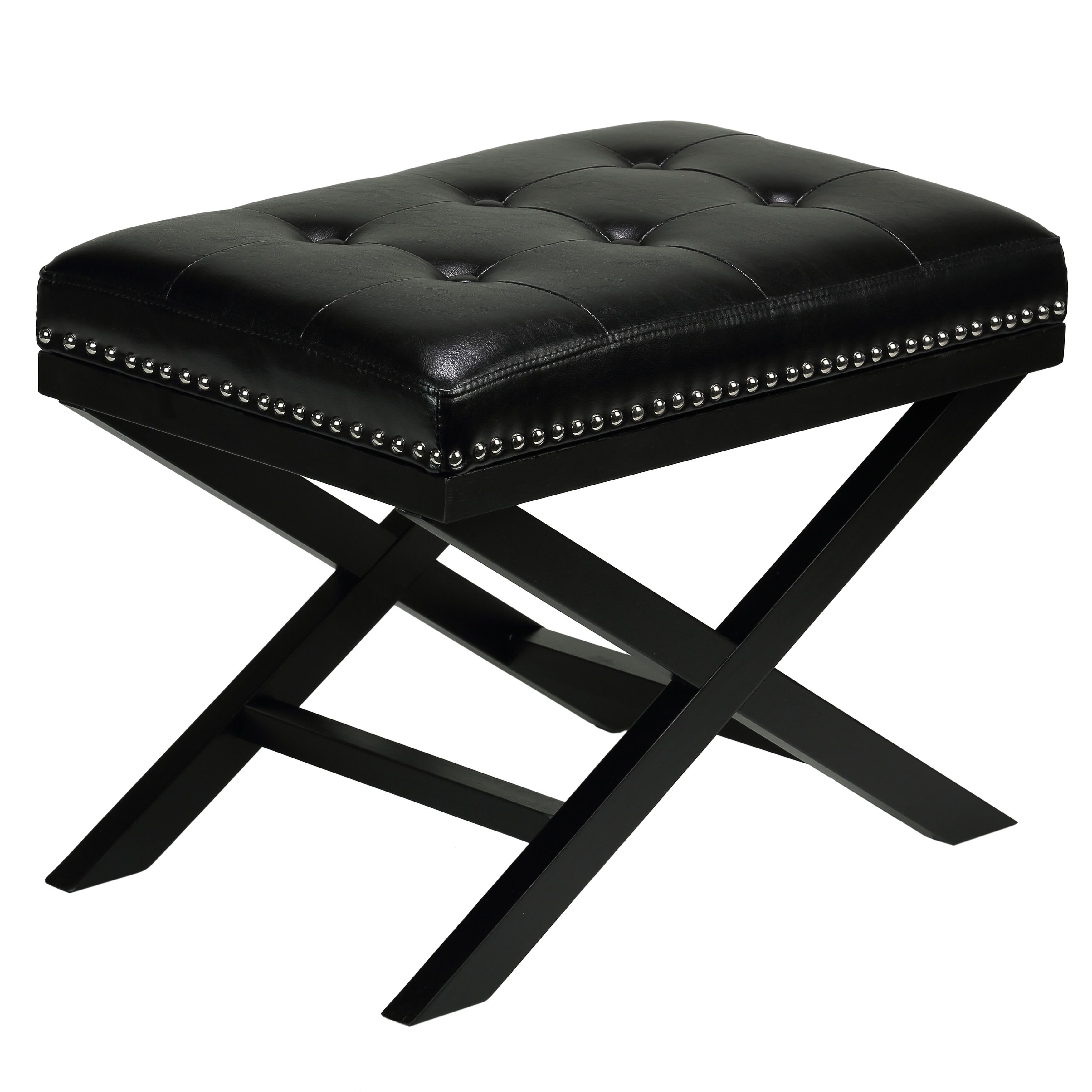 Elegant Kayla Tufted Ottoman with Silver Nailhead Trim in Black Vinyl