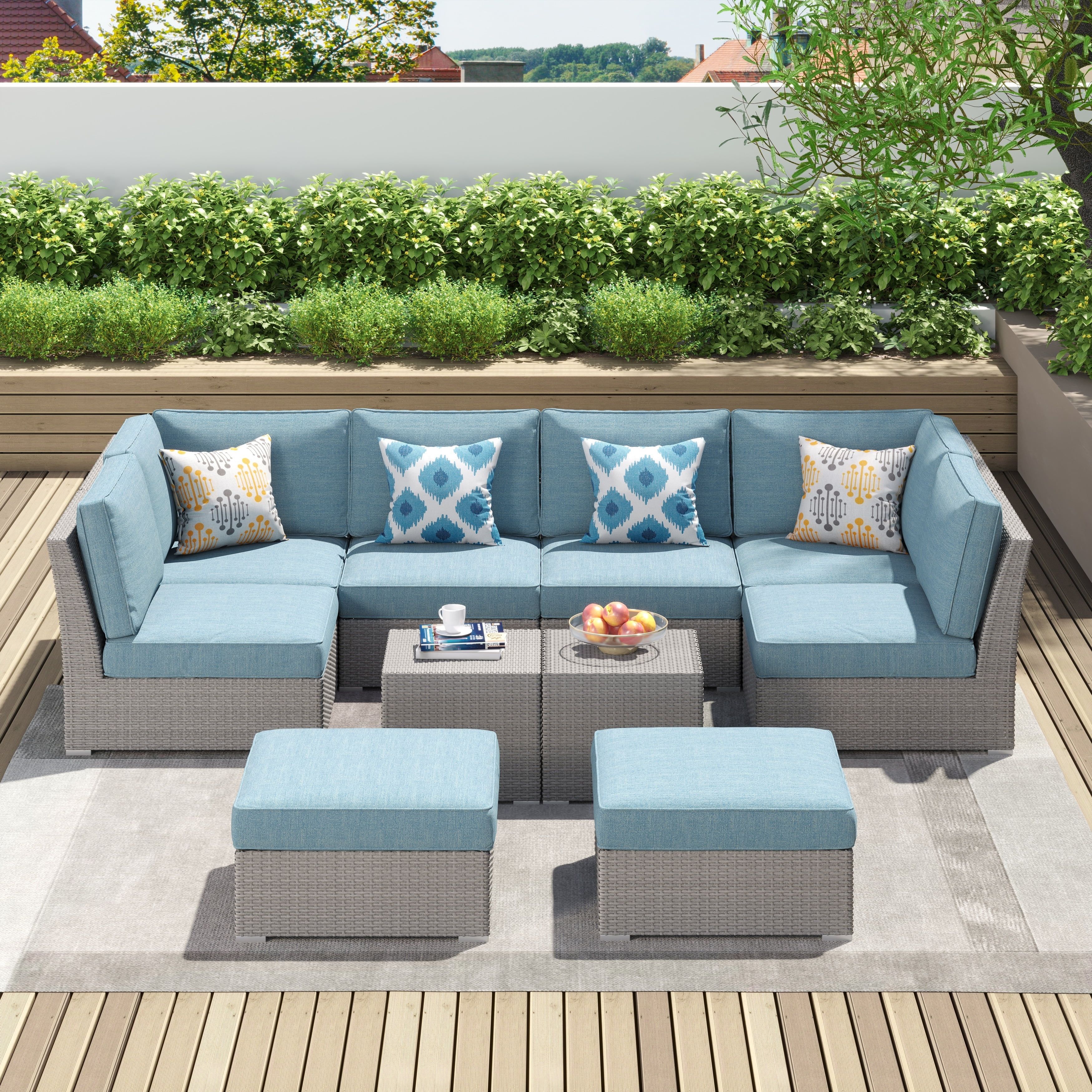 Corvus 10-Piece Grey Wicker Patio Set with Blue Cushions