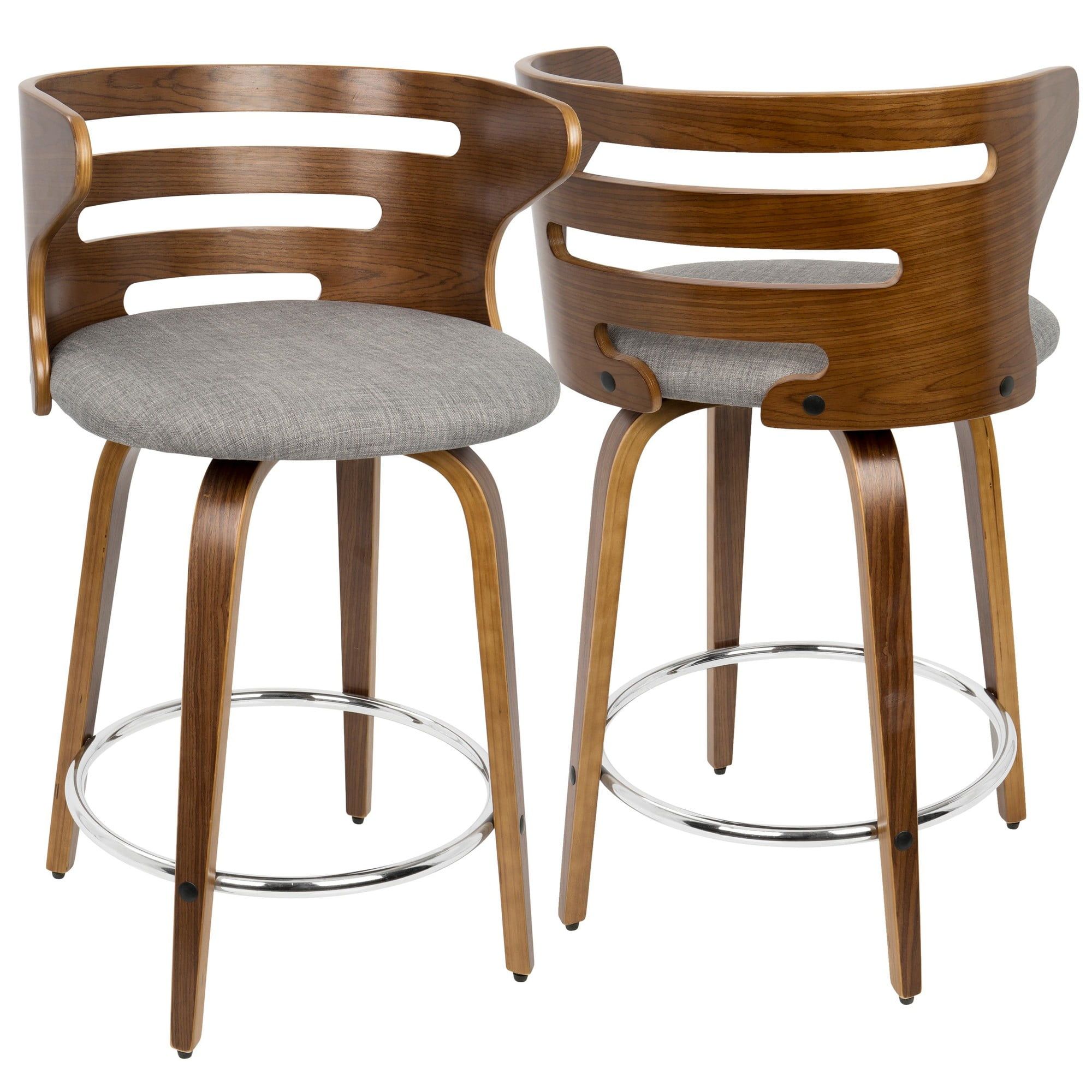 Walnut and Gray Swivel Mid-Century Modern Counter Stools, Set of 2