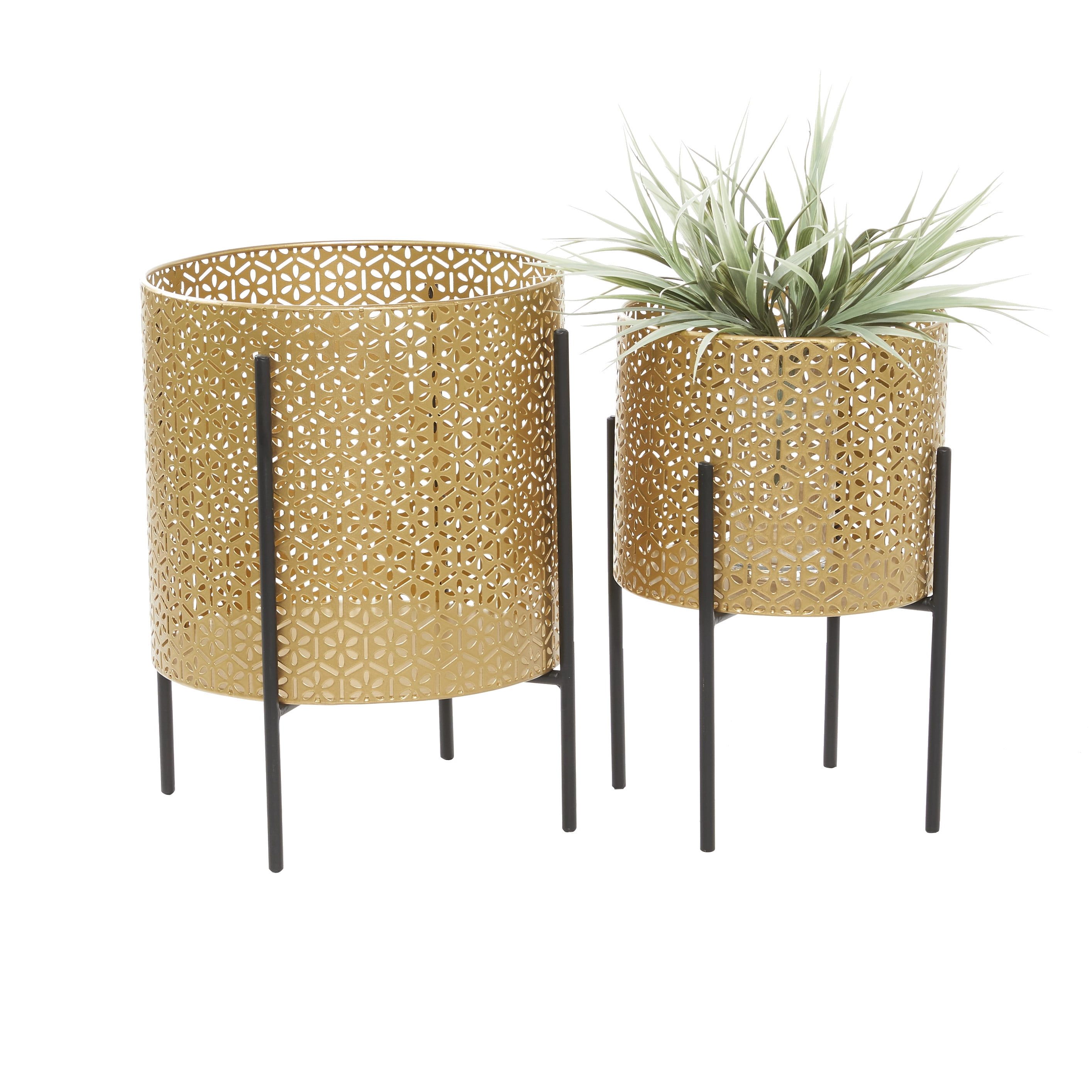 Gold Floral Cutout Metal Cylinder Planters with Stands, Set of 2