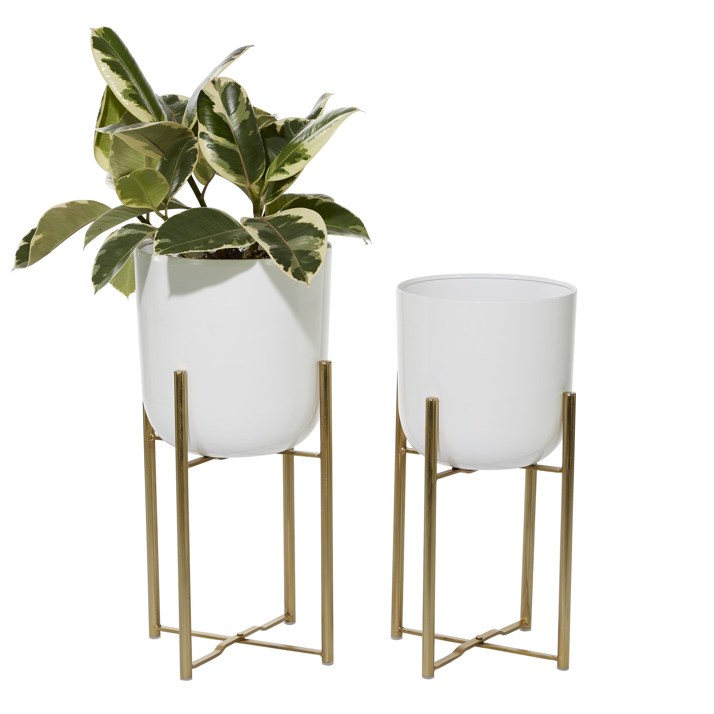 White Metal Dome Planters with Gold Stands, Set of 2