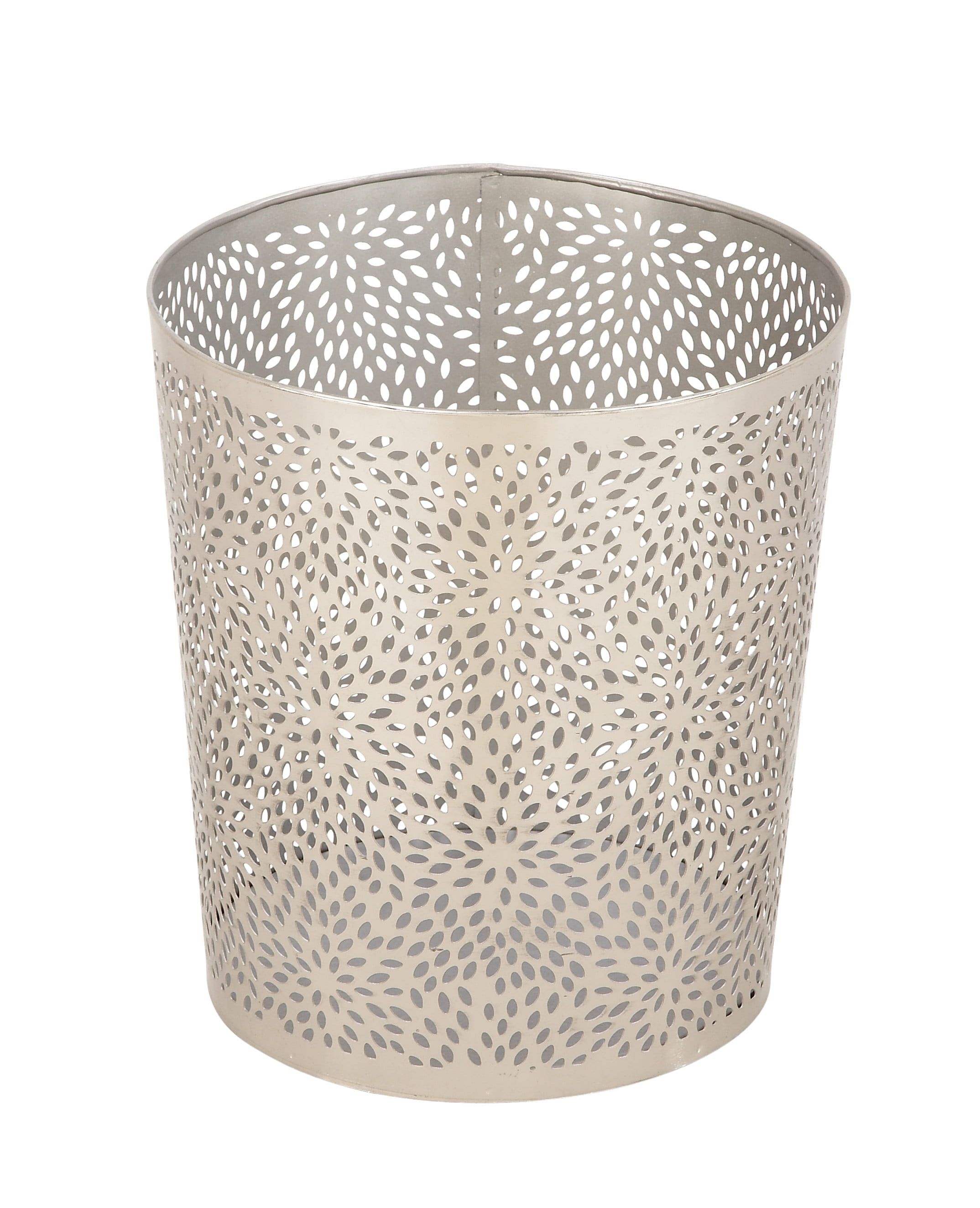 Silver Metal Round Waste Bin with Laser Cut Floral Design