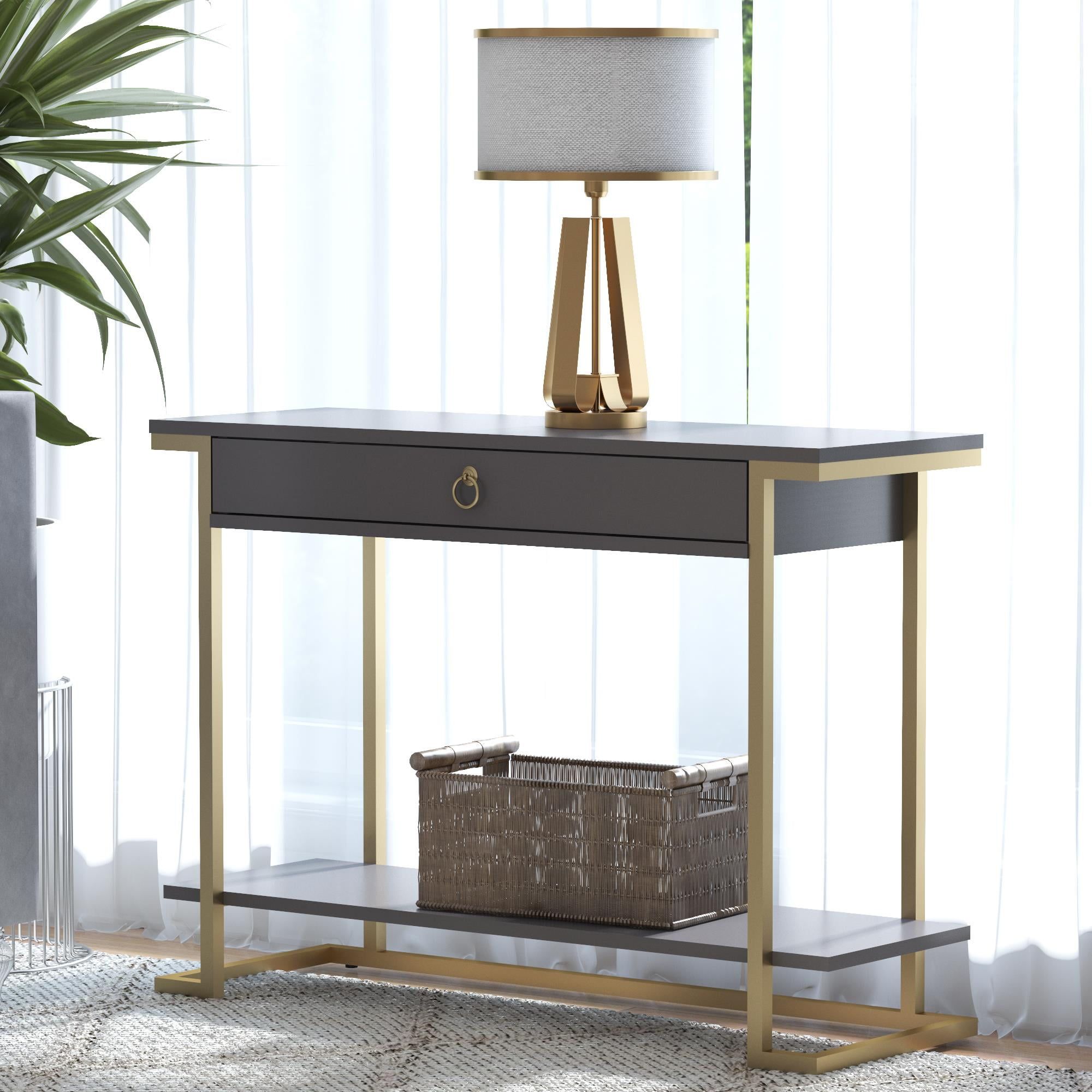 Graphite Gray Wood and Metal Console Table with Storage