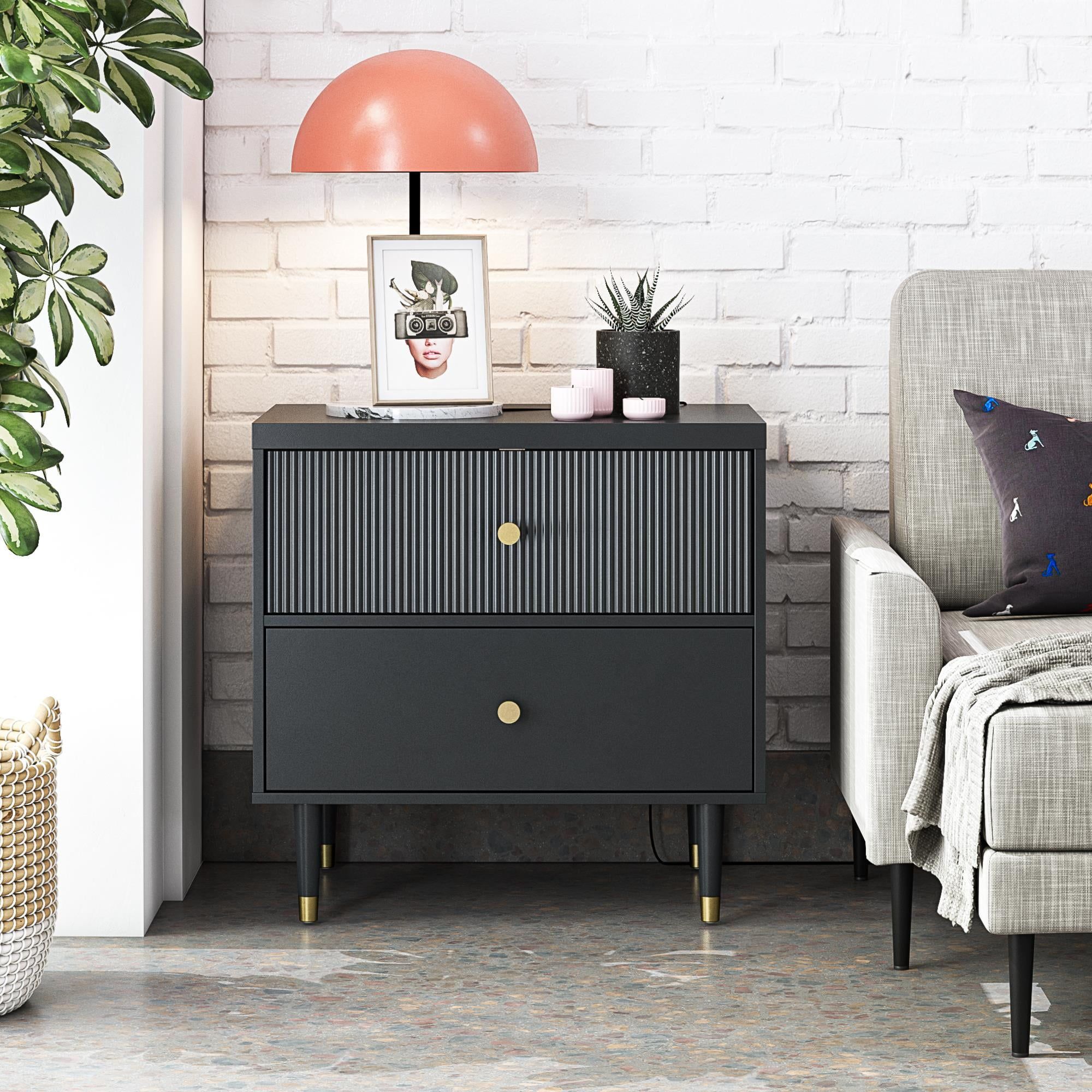 Black MDF Nightstand with Brass Handles and Ribbed Drawer