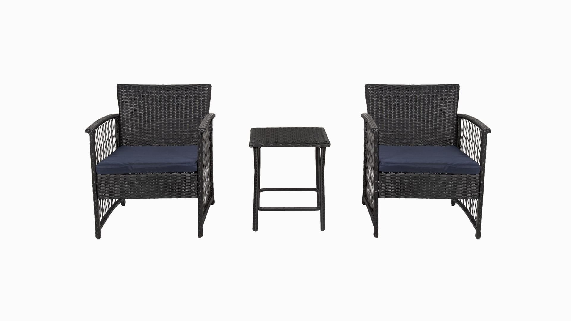 Black Woven Rattan 3-Piece Outdoor Seating Set with Navy Cushions