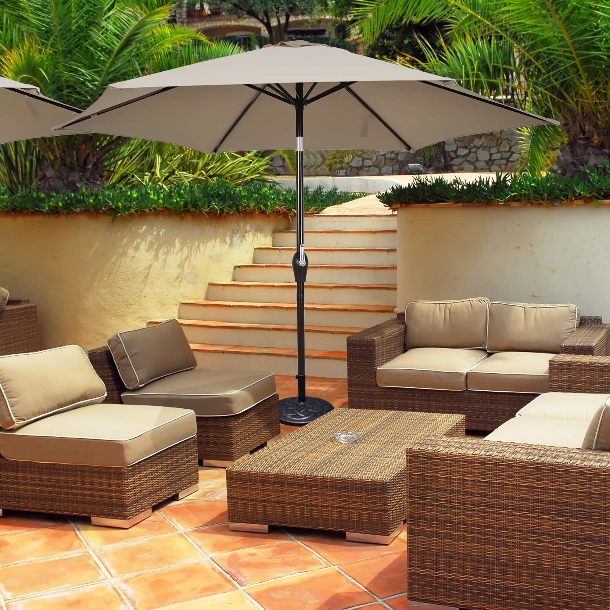 Tan 10ft Hexagon Steel Frame Patio Umbrella with Crank Lift