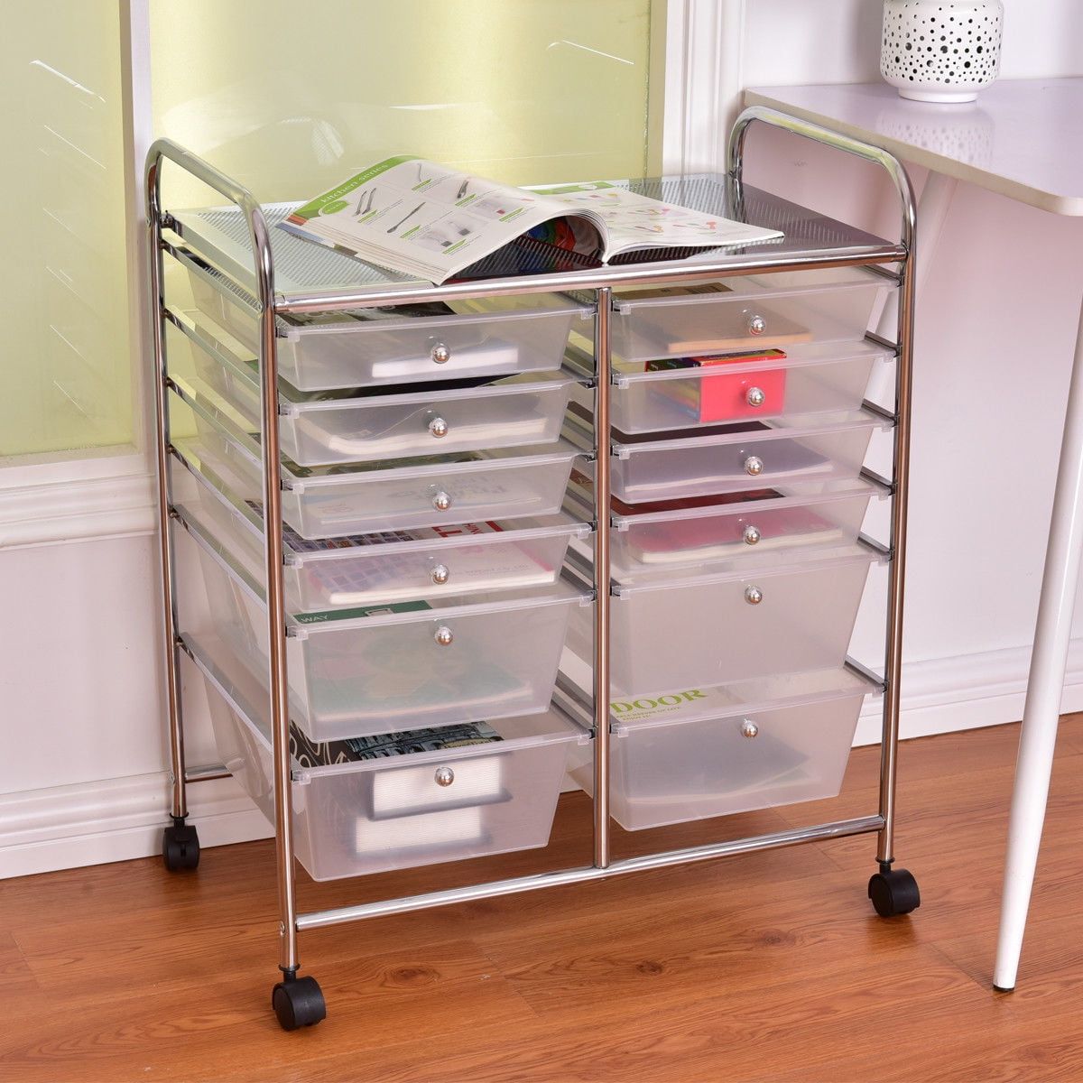 Clear Plastic and Steel 12-Drawer Rolling Storage Cart