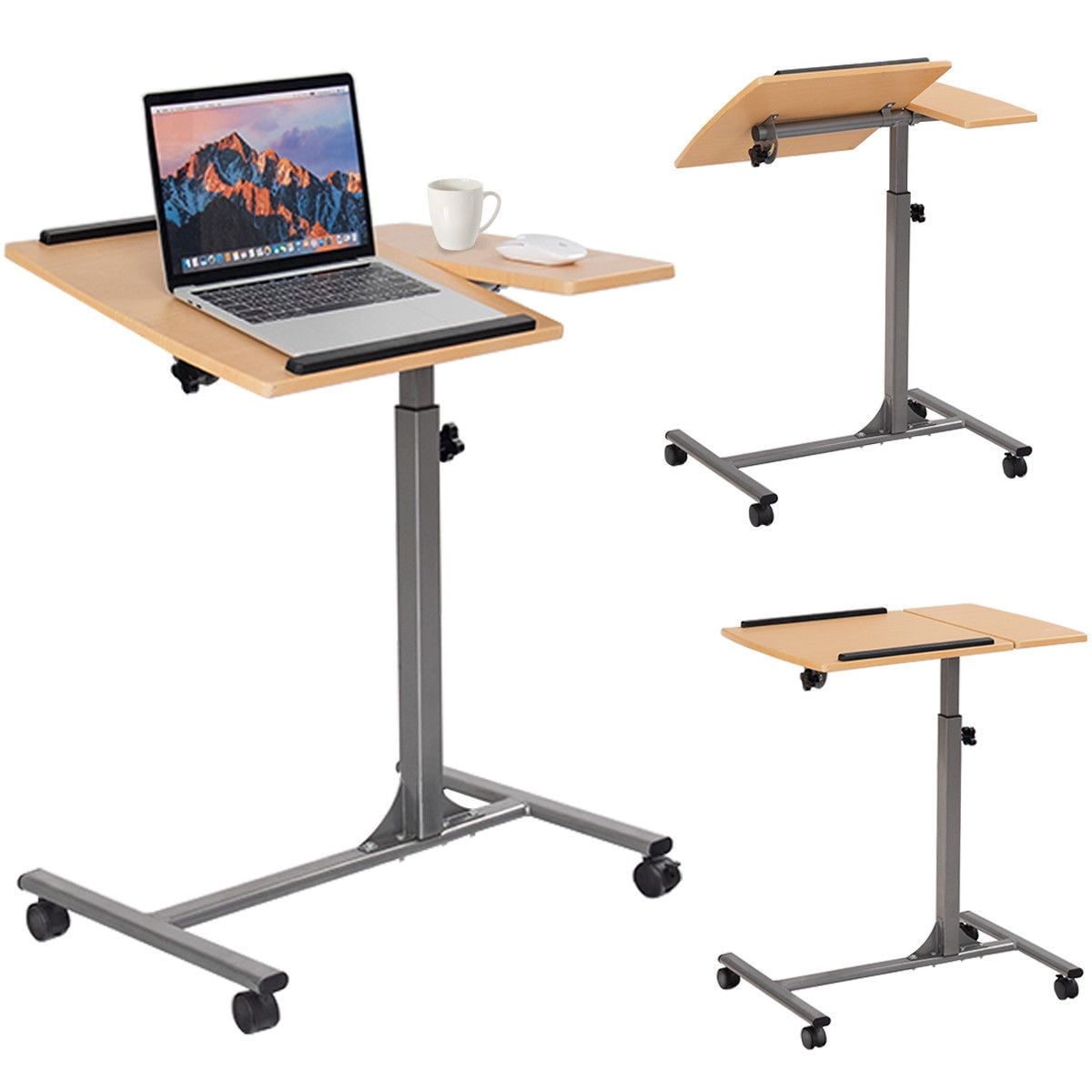 Beige Adjustable Height Swivel Laptop Desk with Iron Frame