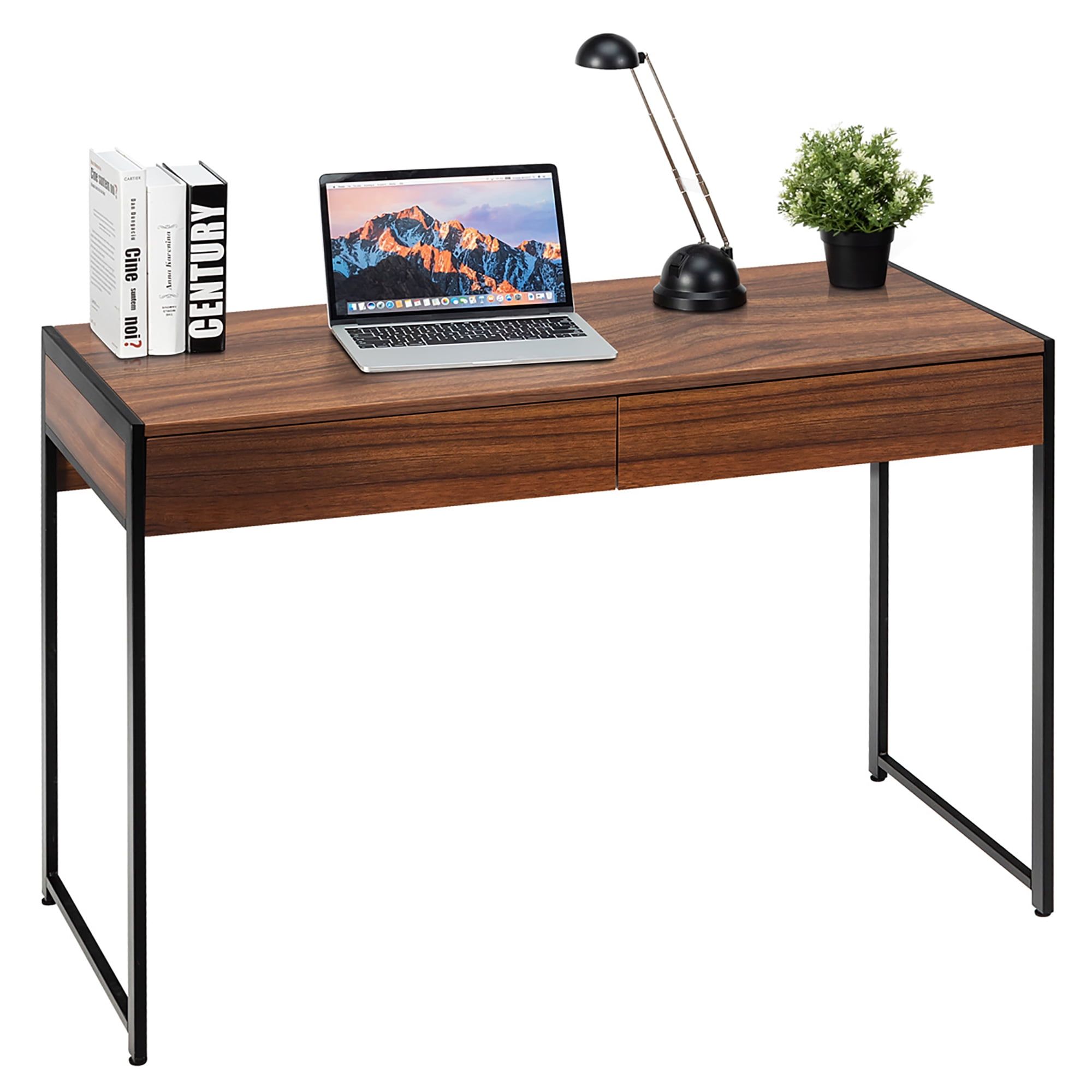 Brown Wood and Metal 2-Drawer Computer Desk