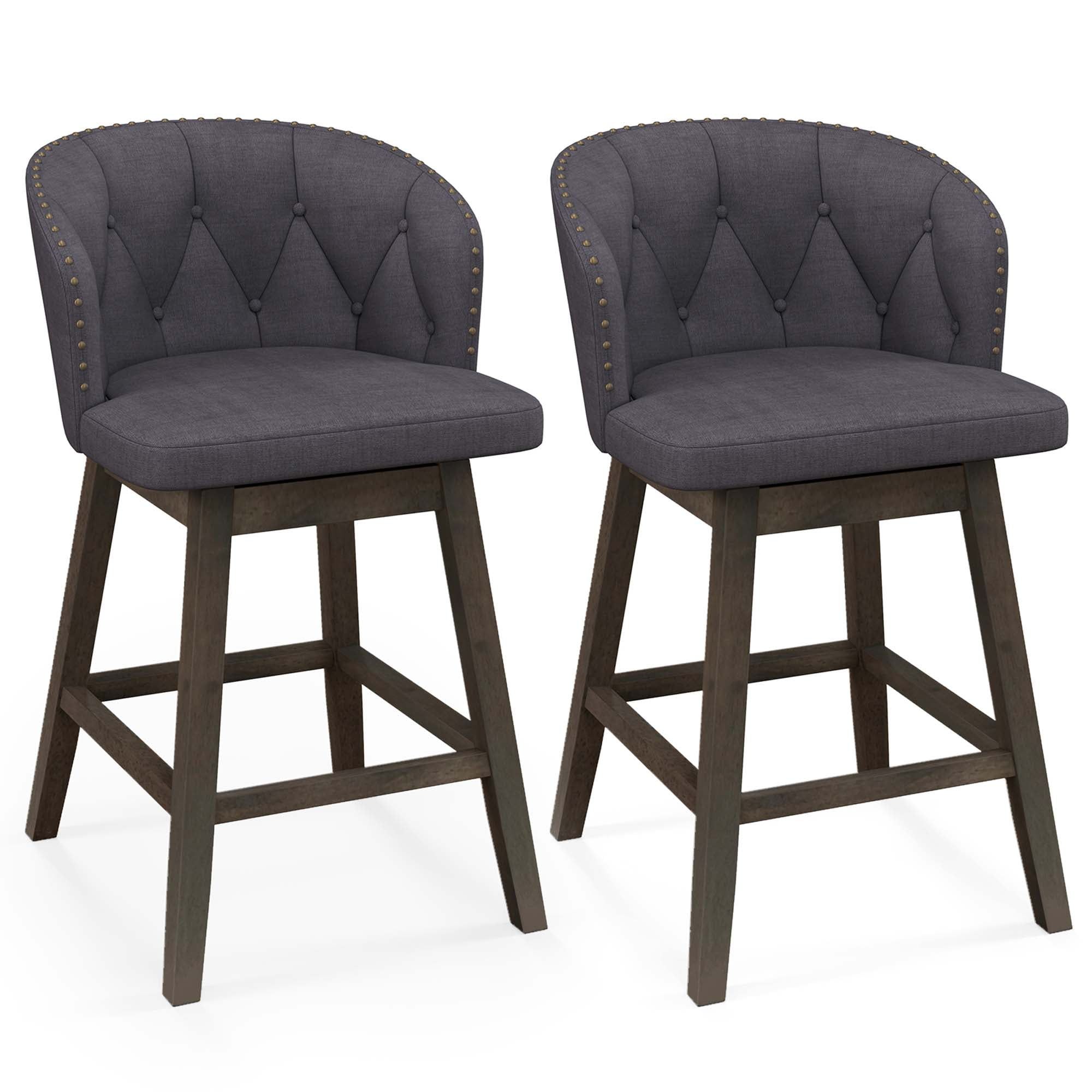 Gray Tufted Swivel Bar Stools with Rubber Wood Legs