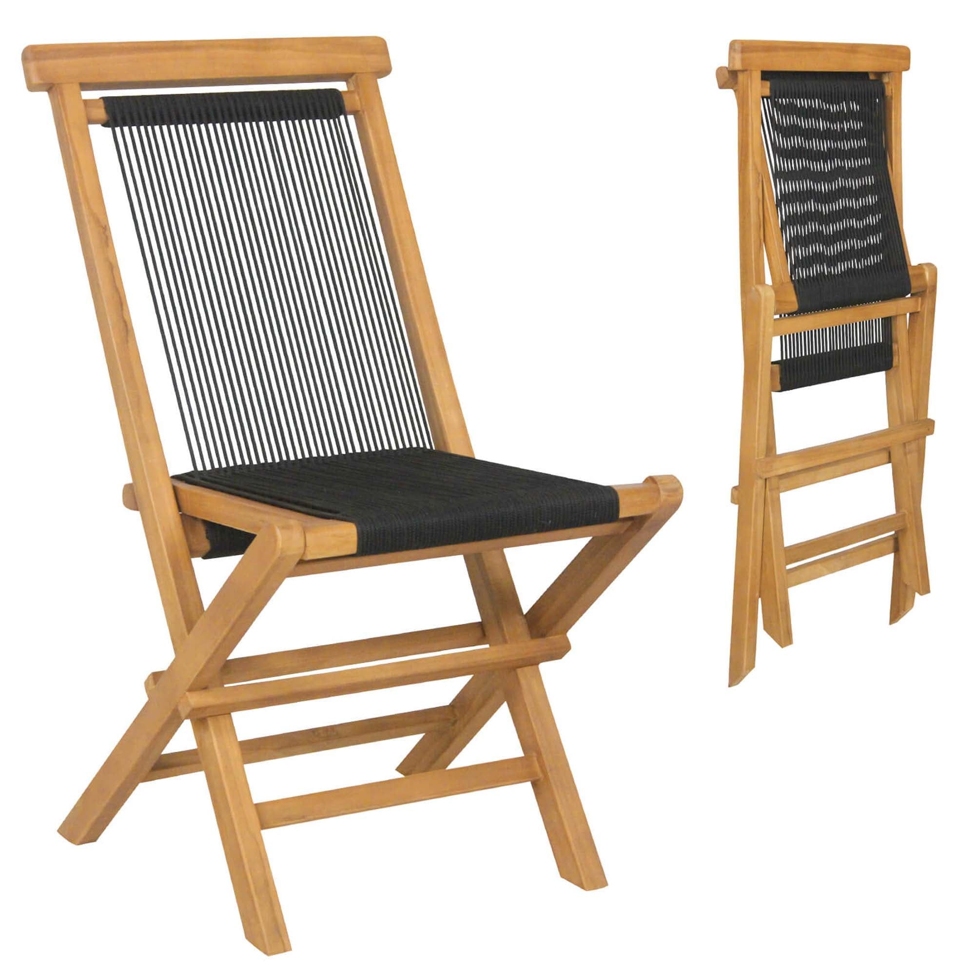 Natural Teak and Black Woven Rope Folding Patio Chairs, Set of 2