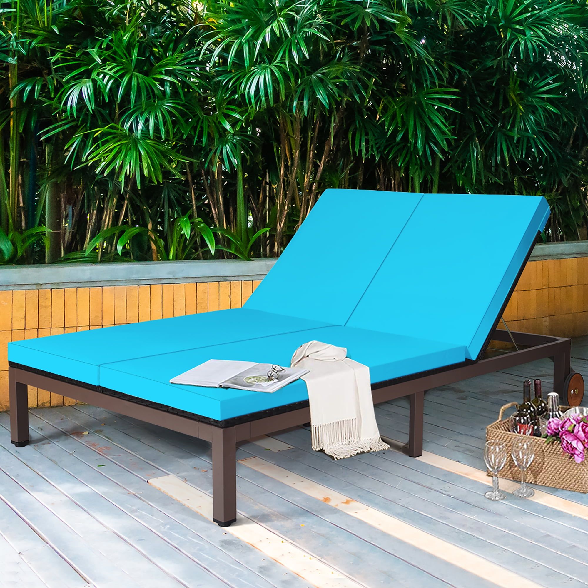 Turquoise Steel Frame Double Chaise Lounge with Cushions