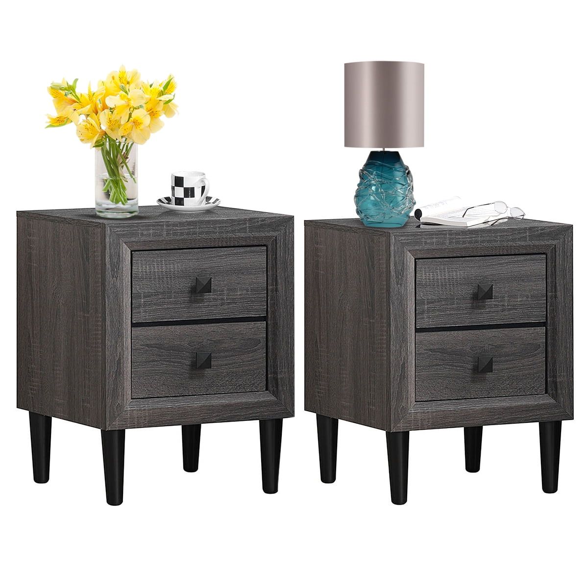 Retro Grey 2-Drawer Nightstand with Rubber Wood Legs