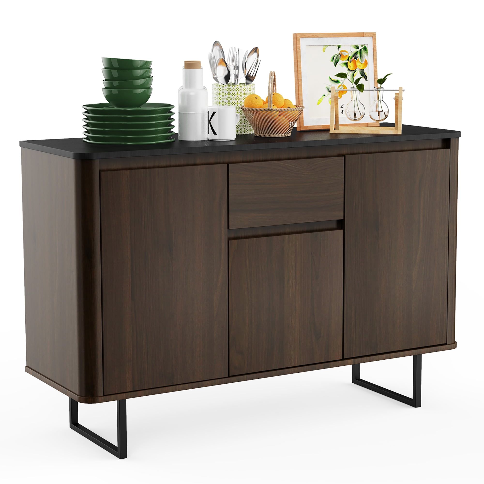 Walnut Finish 3-Door Kitchen Buffet Server with Adjustable Shelves