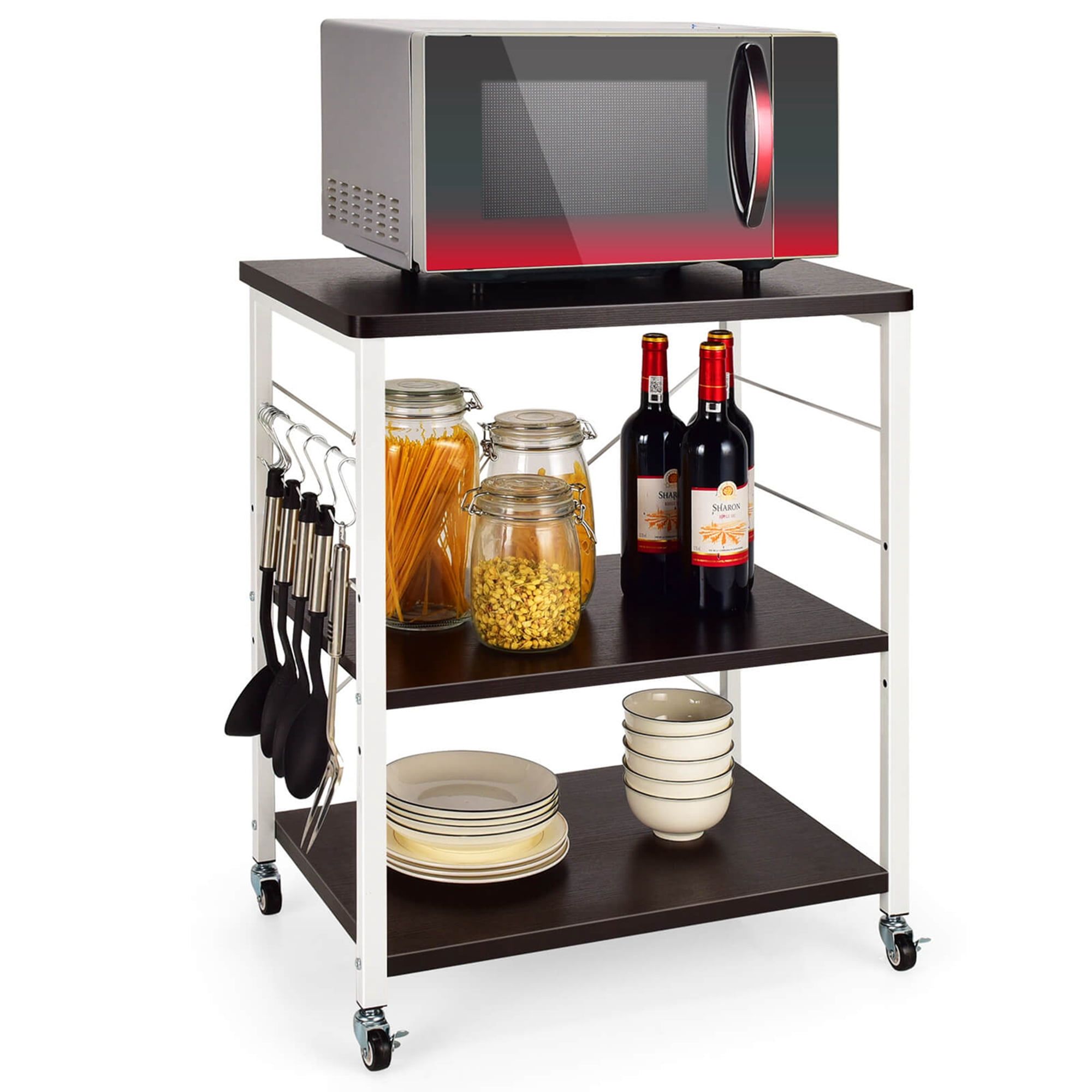 Brown 3-Tier Kitchen Cart with Storage and Hooks