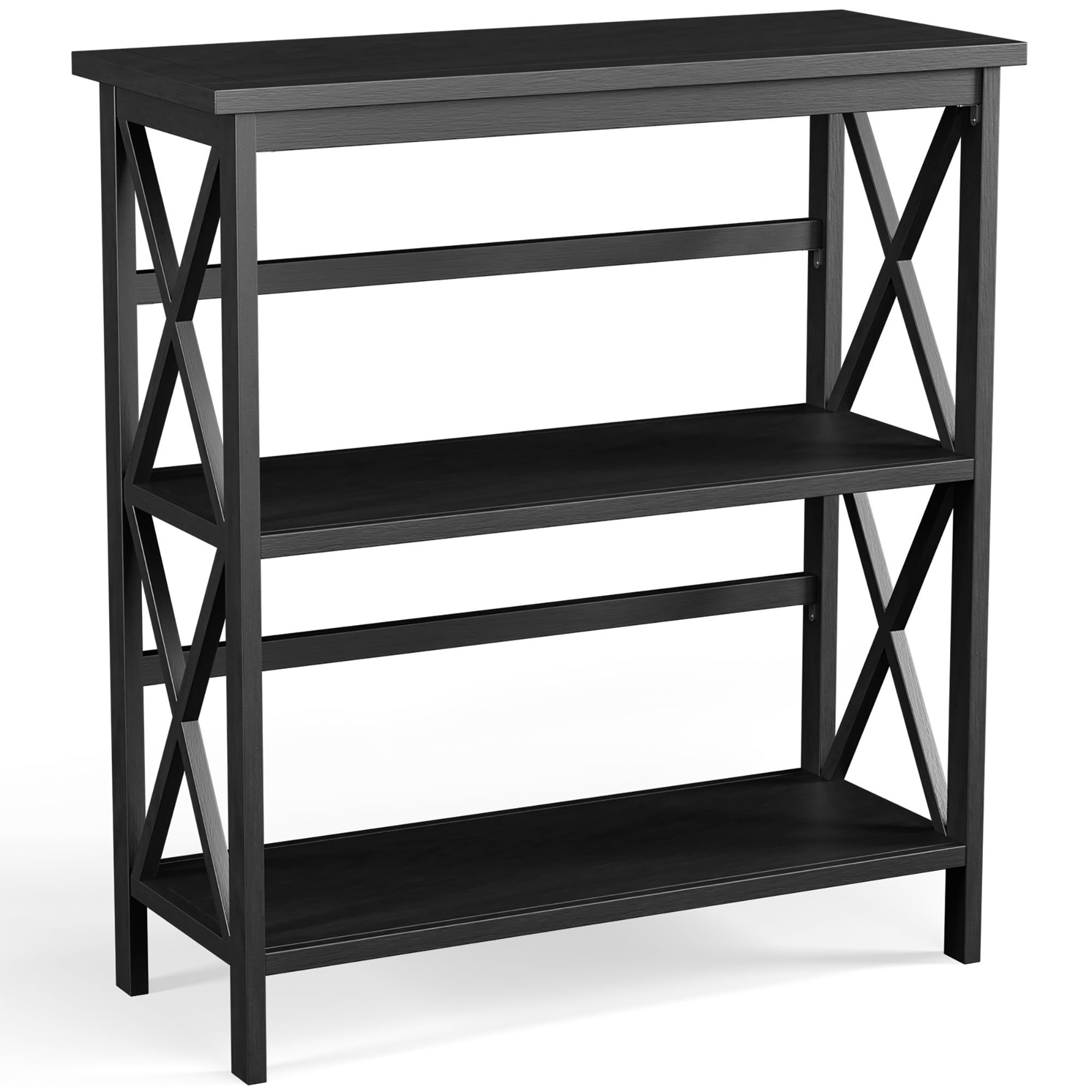 Chic Black 3-Tier Open Storage Solid Wood Bookcase