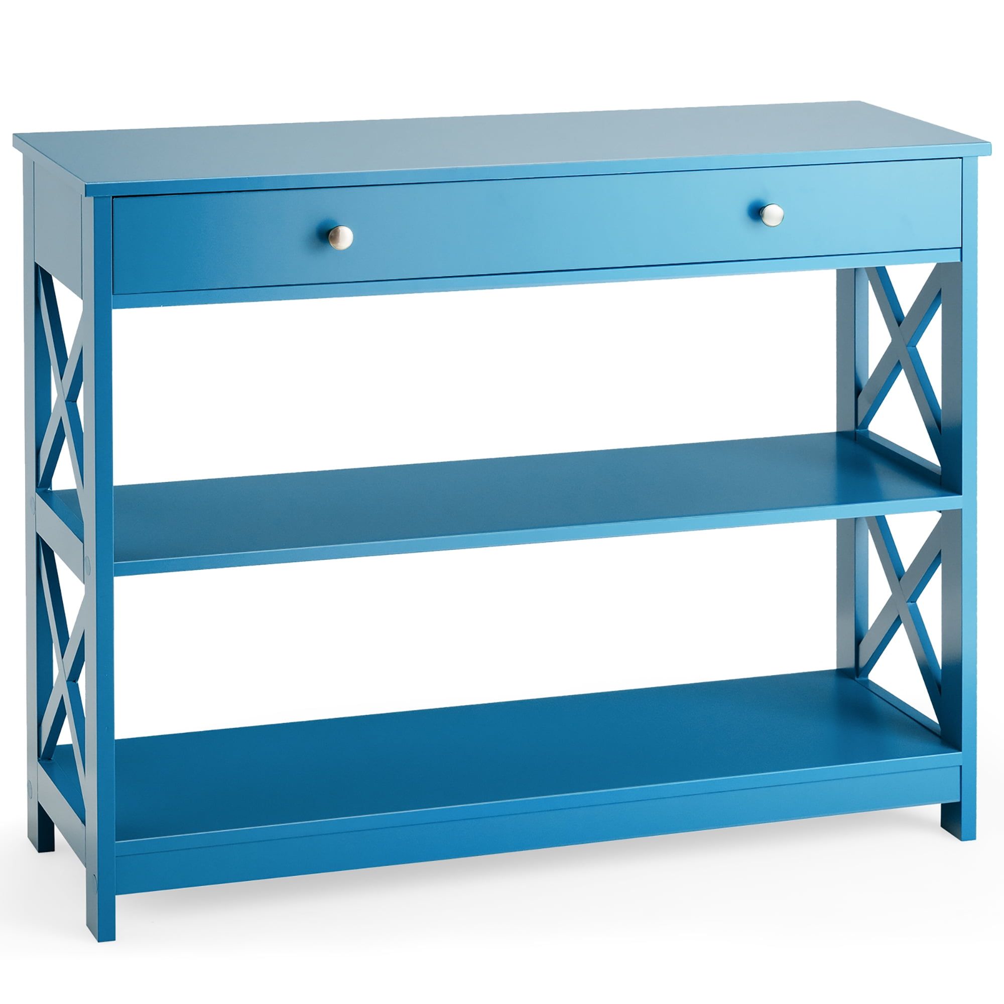 Blue MDF 3-Tier Console Table with Drawer and Shelves