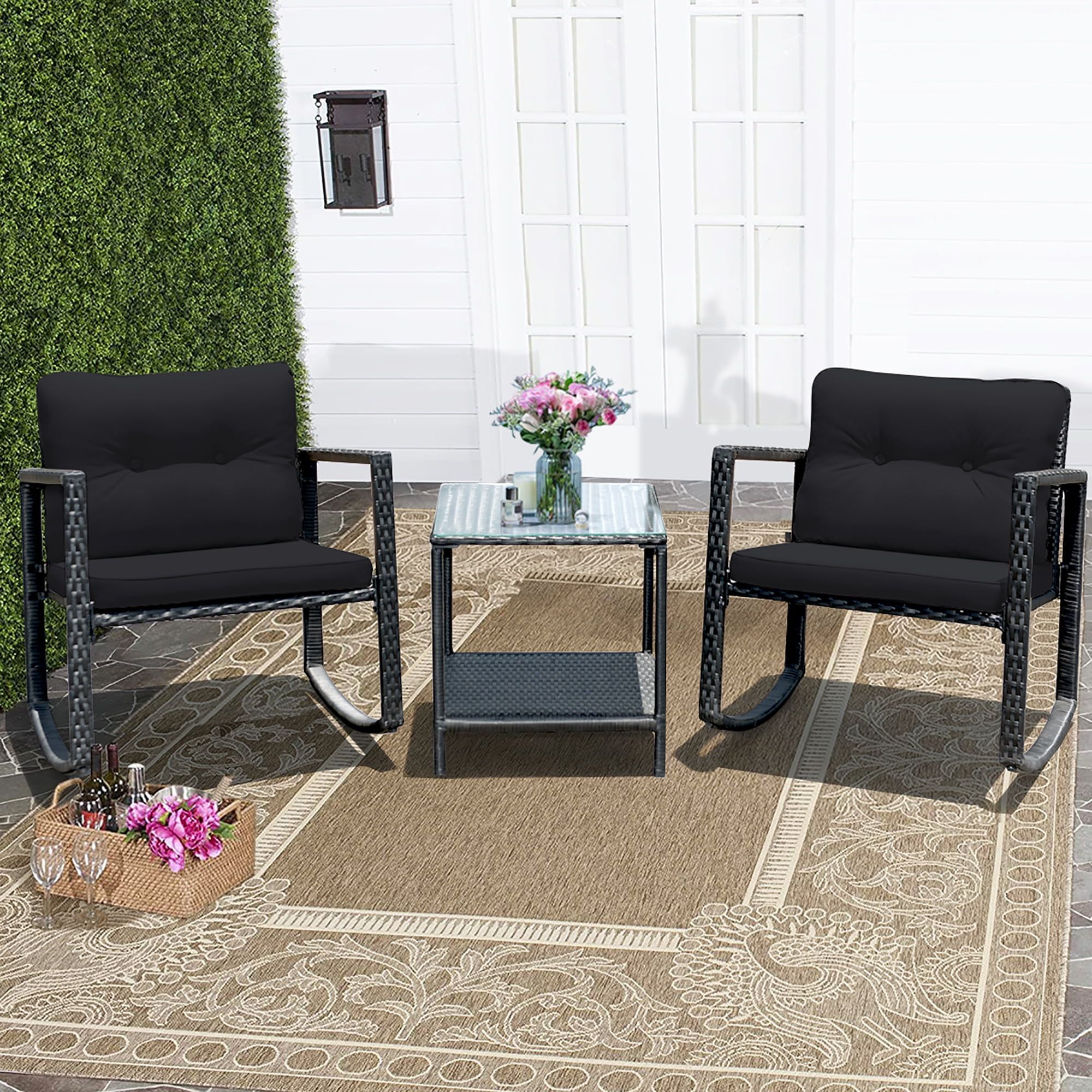 Modern Black Steel & Rattan 2-Person Rocking Chair Set with Coffee Table