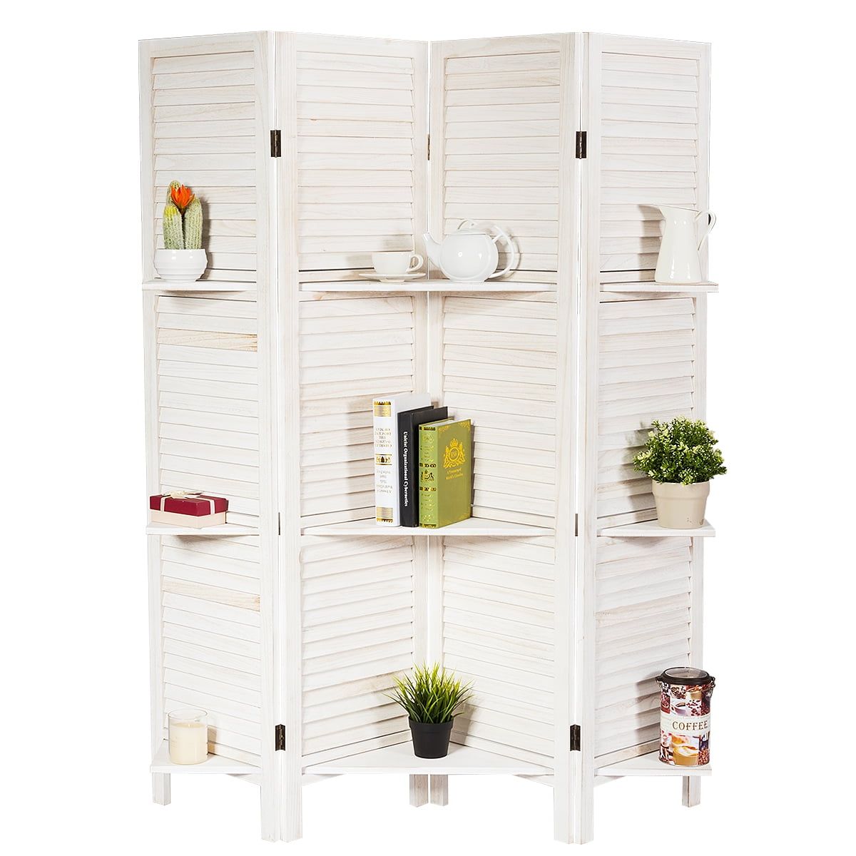 White 4-Panel Folding Room Divider with Shelves