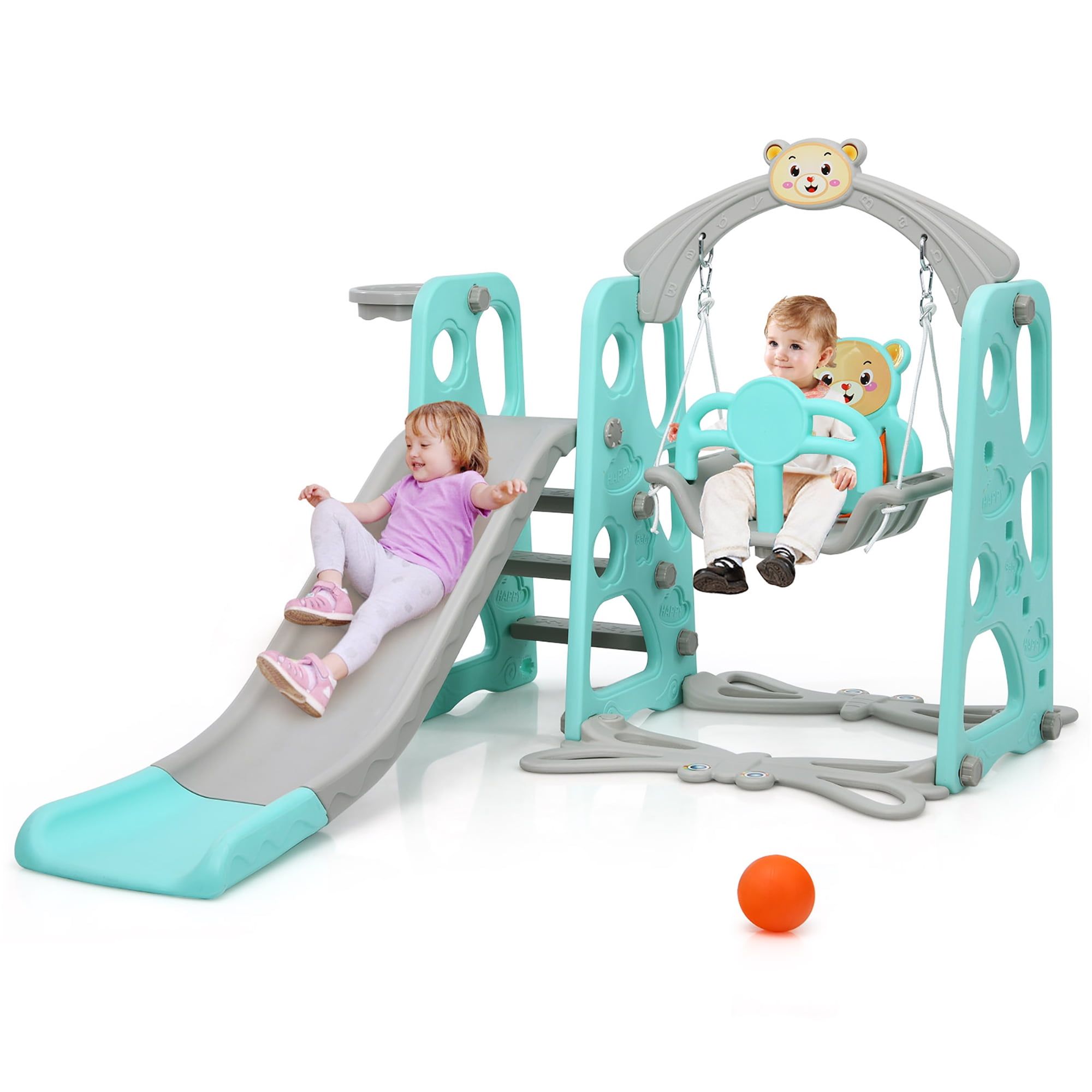 Green 4-in-1 Toddler Climber and Swing Set with Basketball Hoop