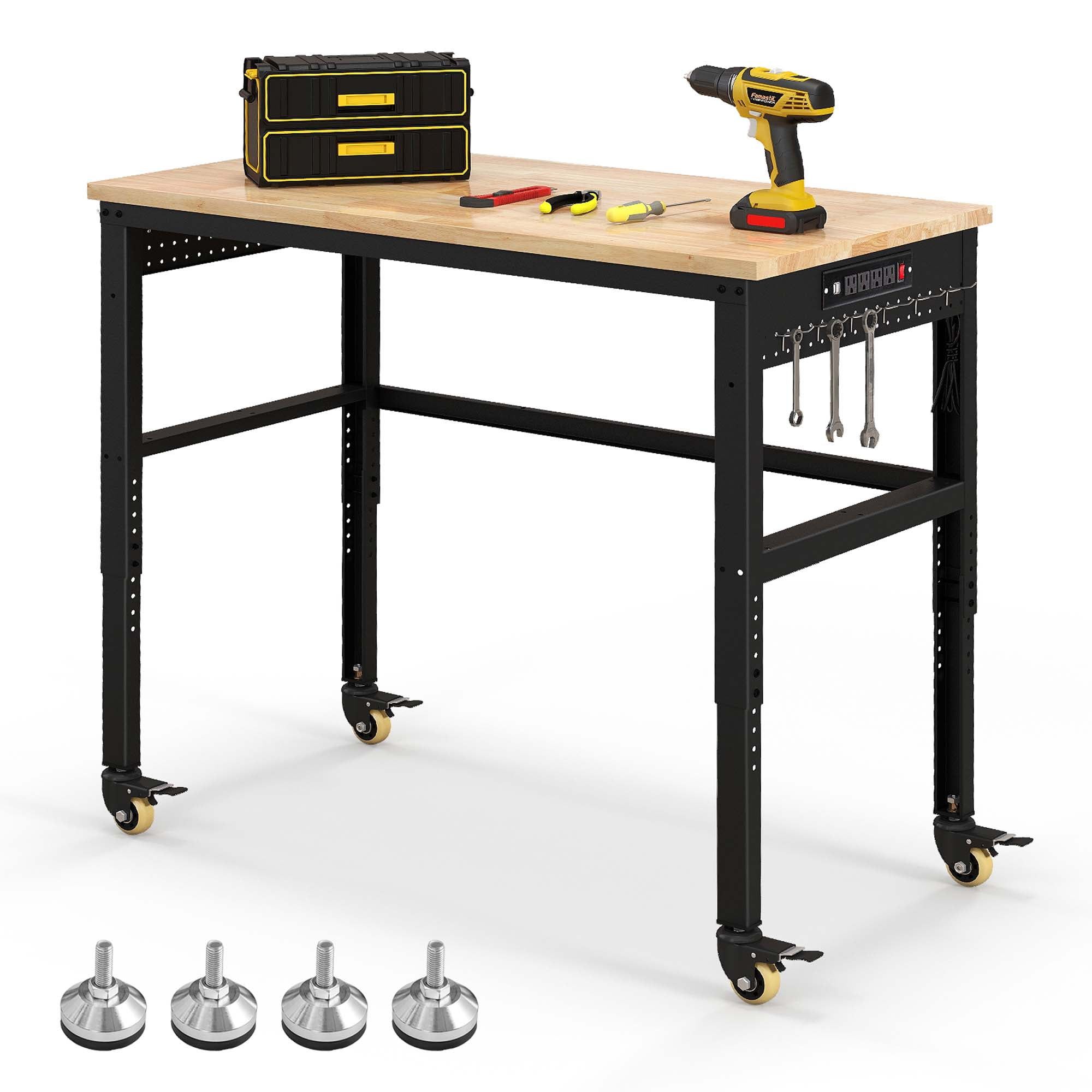 48'' Adjustable Oak Wood Top Workbench with Steel Frame and Power Outlets