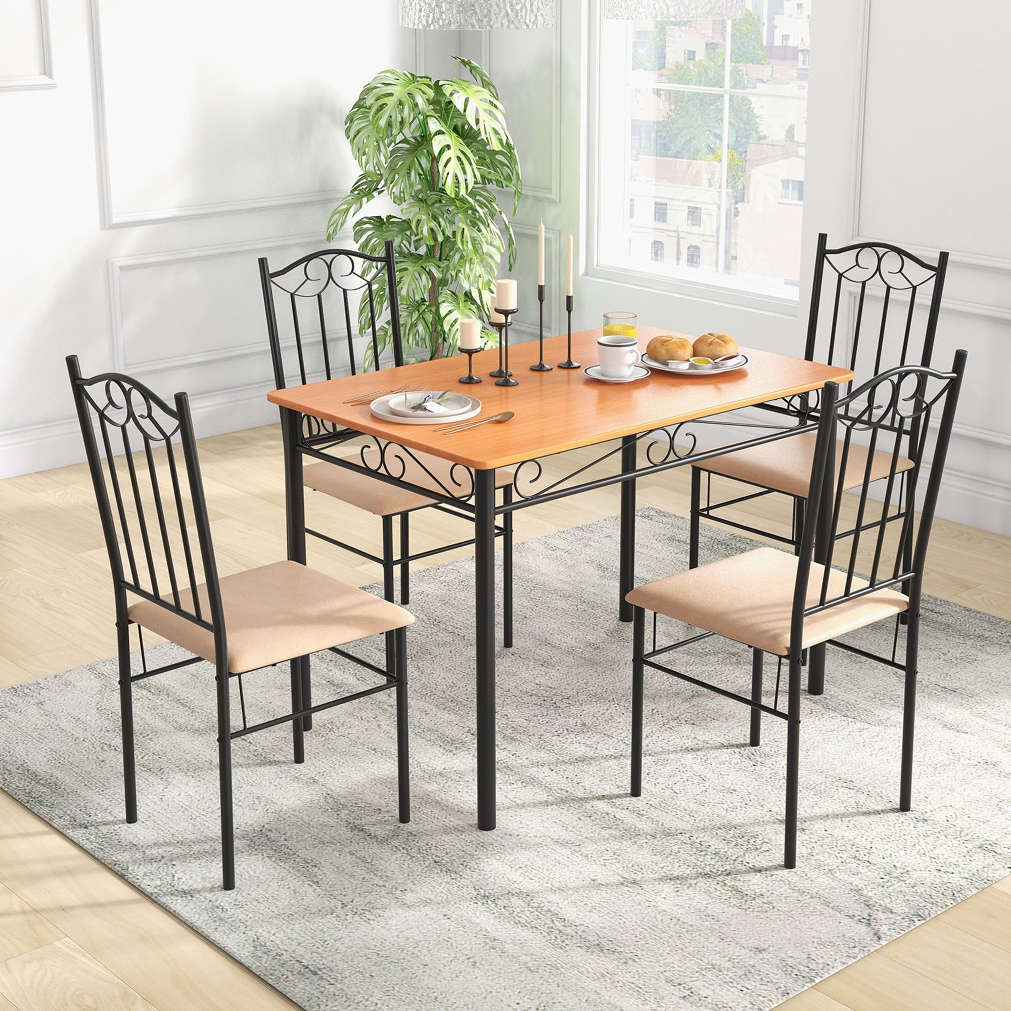 Black and Wood 5-Piece Dining Set with Metal Frame