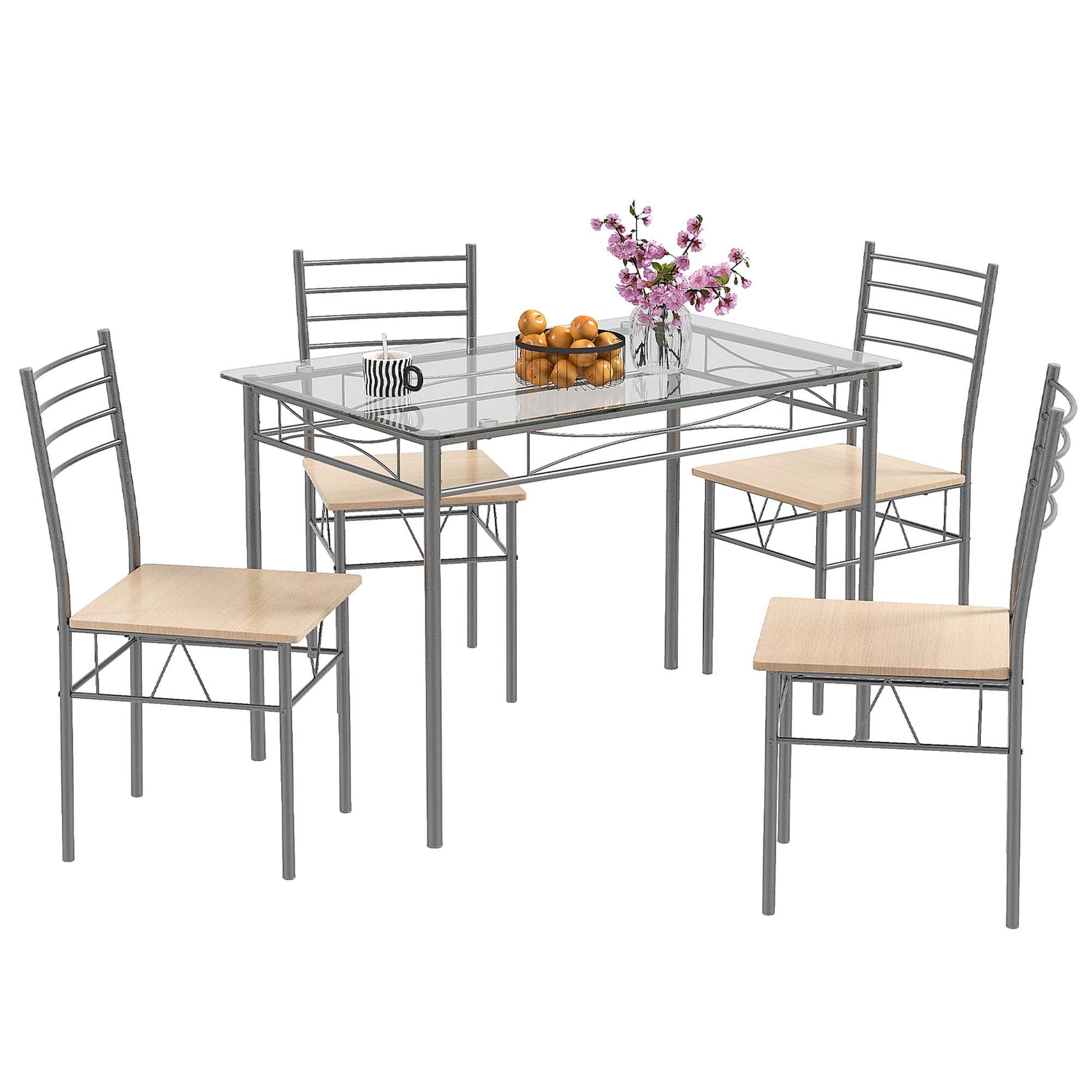 Modern Light Brown Glass Top Dining Set with 4 Chairs