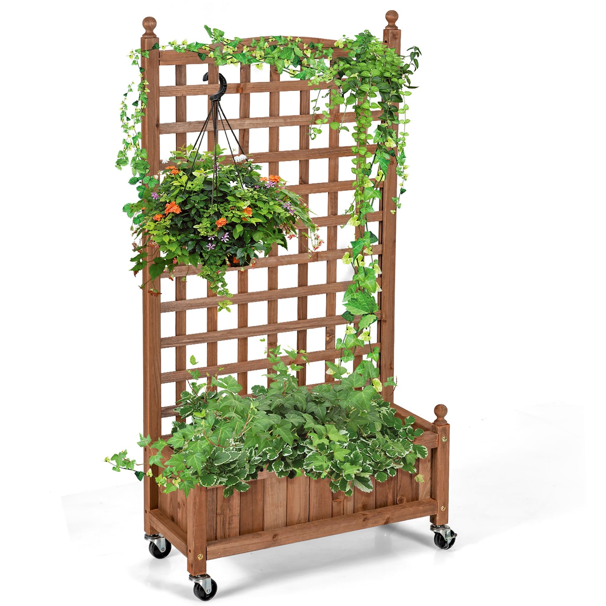 50'' Natural Fir Wood Planter Box with Trellis and Wheels