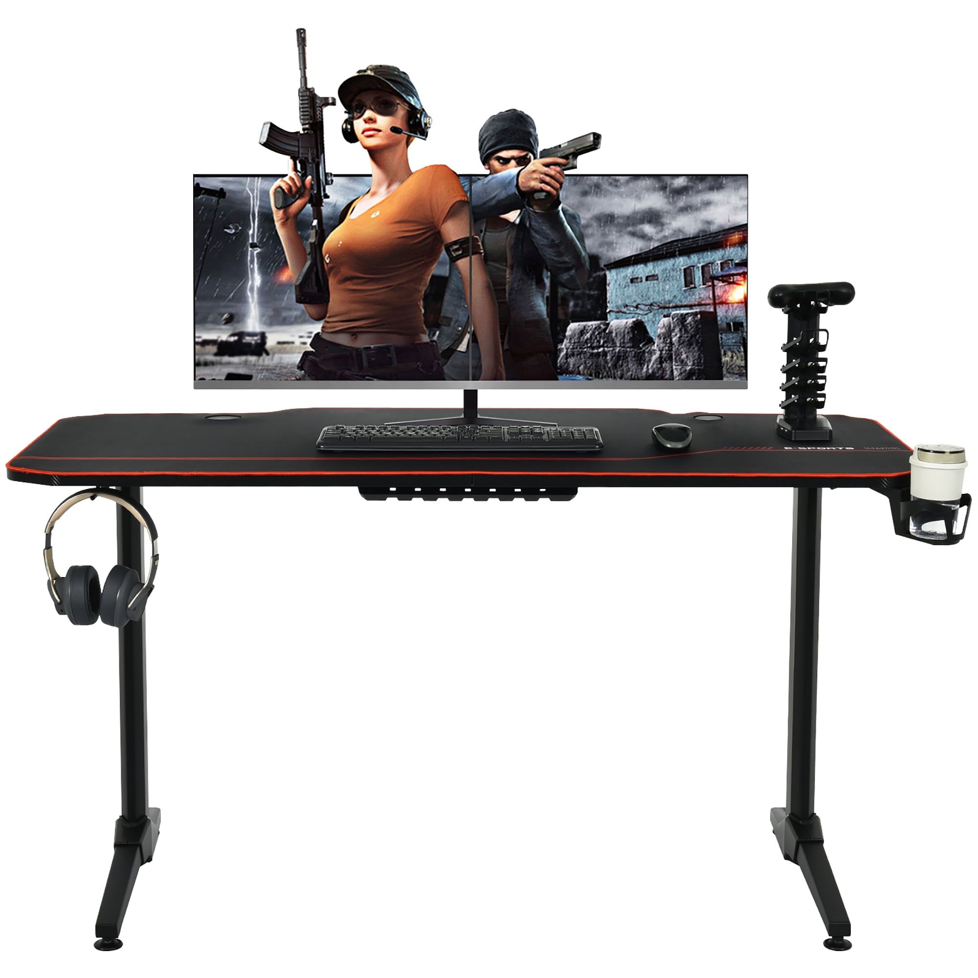 ErgoEdge 34'' Black Gaming Desk with USB Ports and Cup Holder