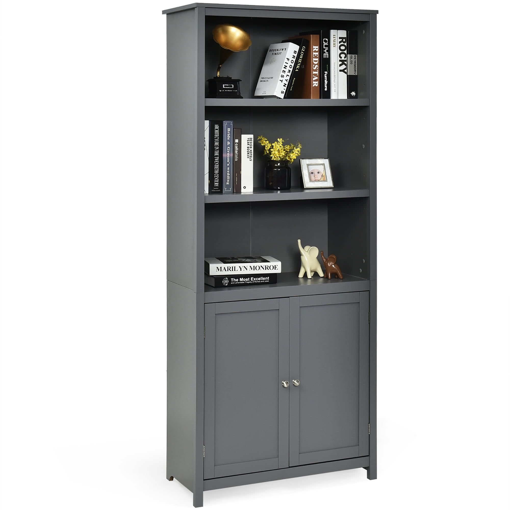 Adjustable Gray Wood Bookcase with Doors and 3-Tier Storage