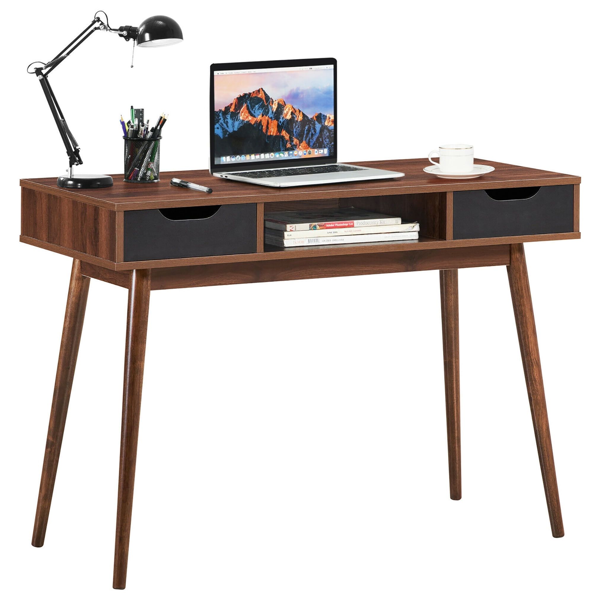 Elegant Walnut Wood Computer Desk with Drawers and Open Shelf