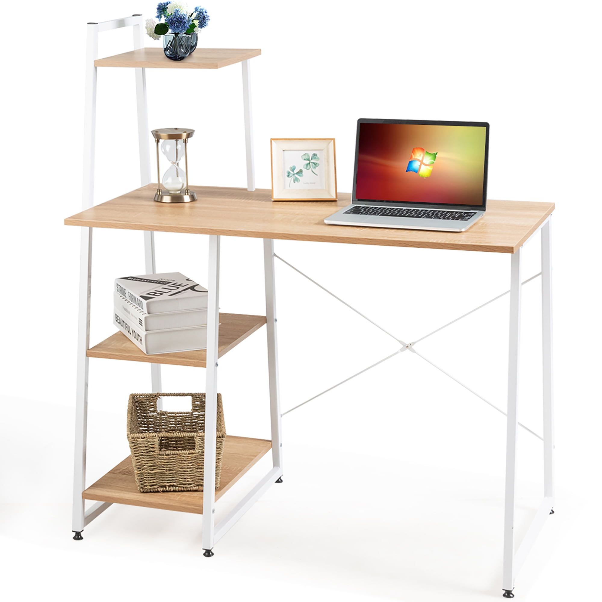 Natural Wood and Metal 4-Tier Computer Desk with Shelves