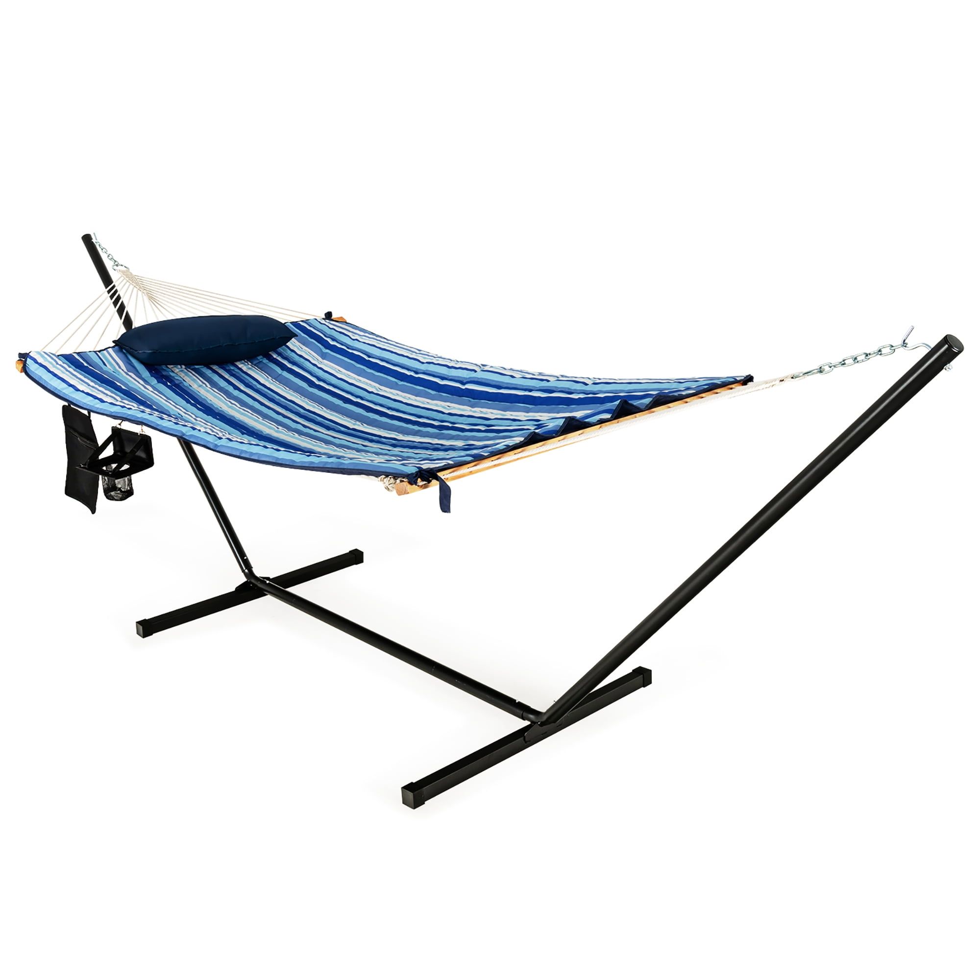 Blue Striped Cotton Hammock Chair Stand Set with Pillow and Cup Holder