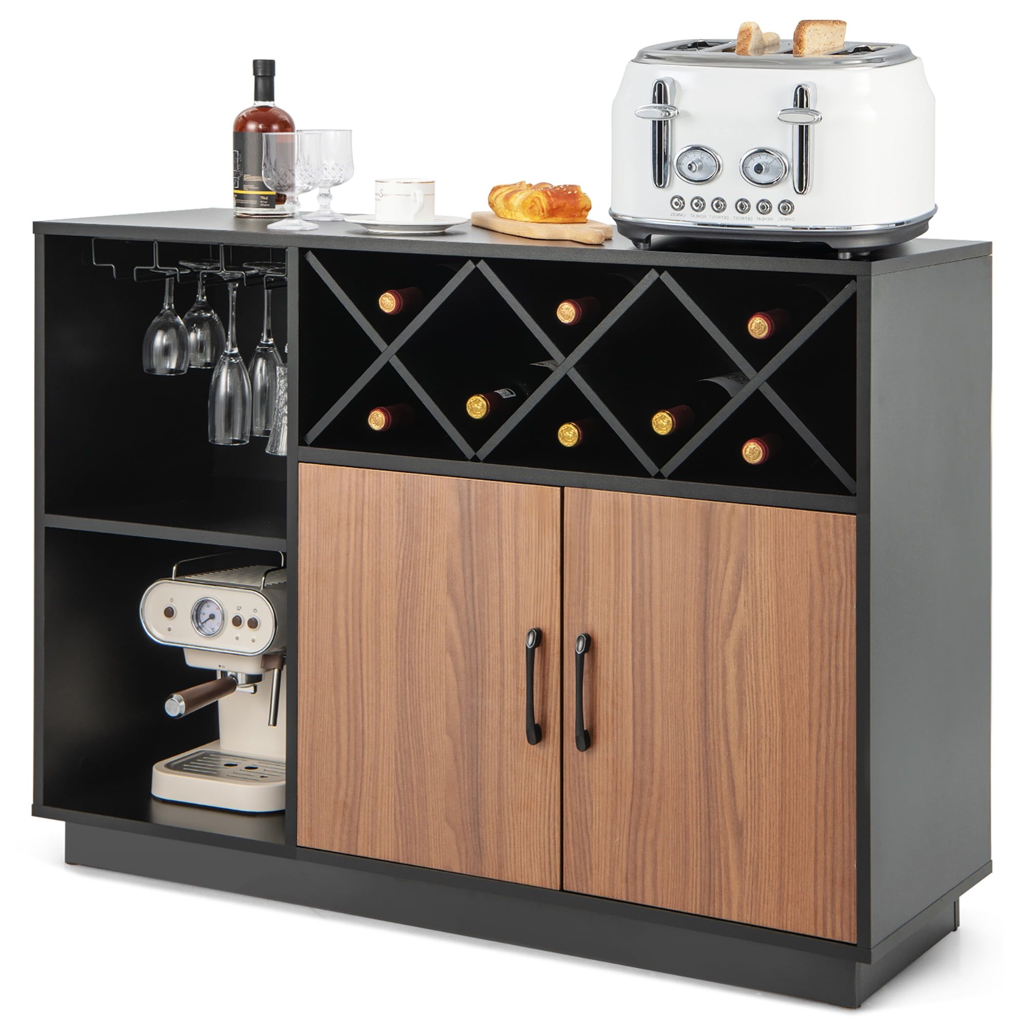 Industrial Black and Brown Wine Bar Cabinet with Glass Holder and Adjustable Shelf