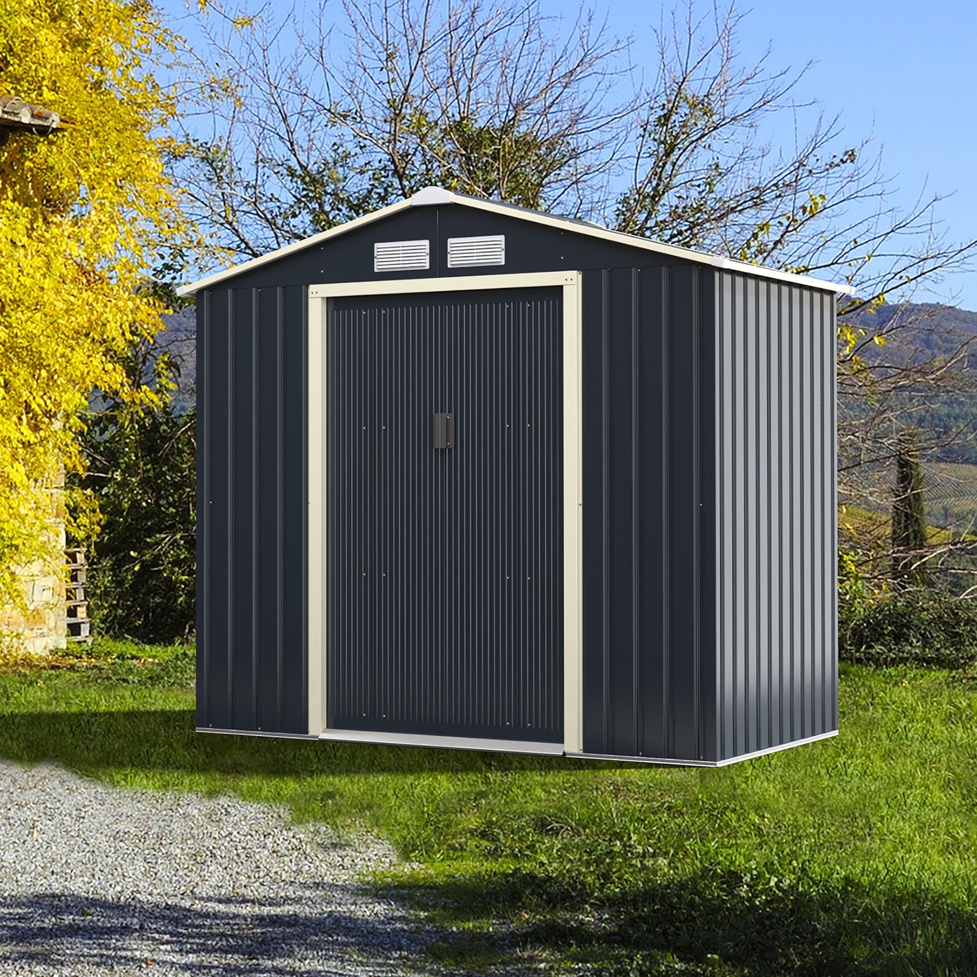 Gray Metal Double Door Peak Roof Storage Shed