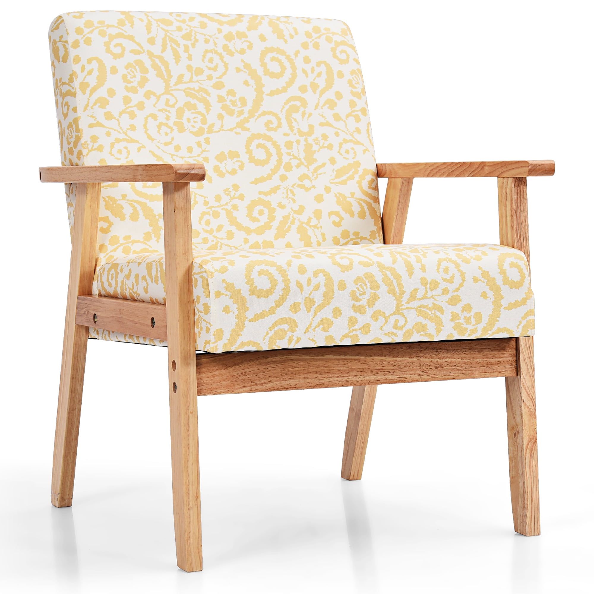 Sunny Floral Accent Armchair with Rubber Wood Frame and Linen Upholstery