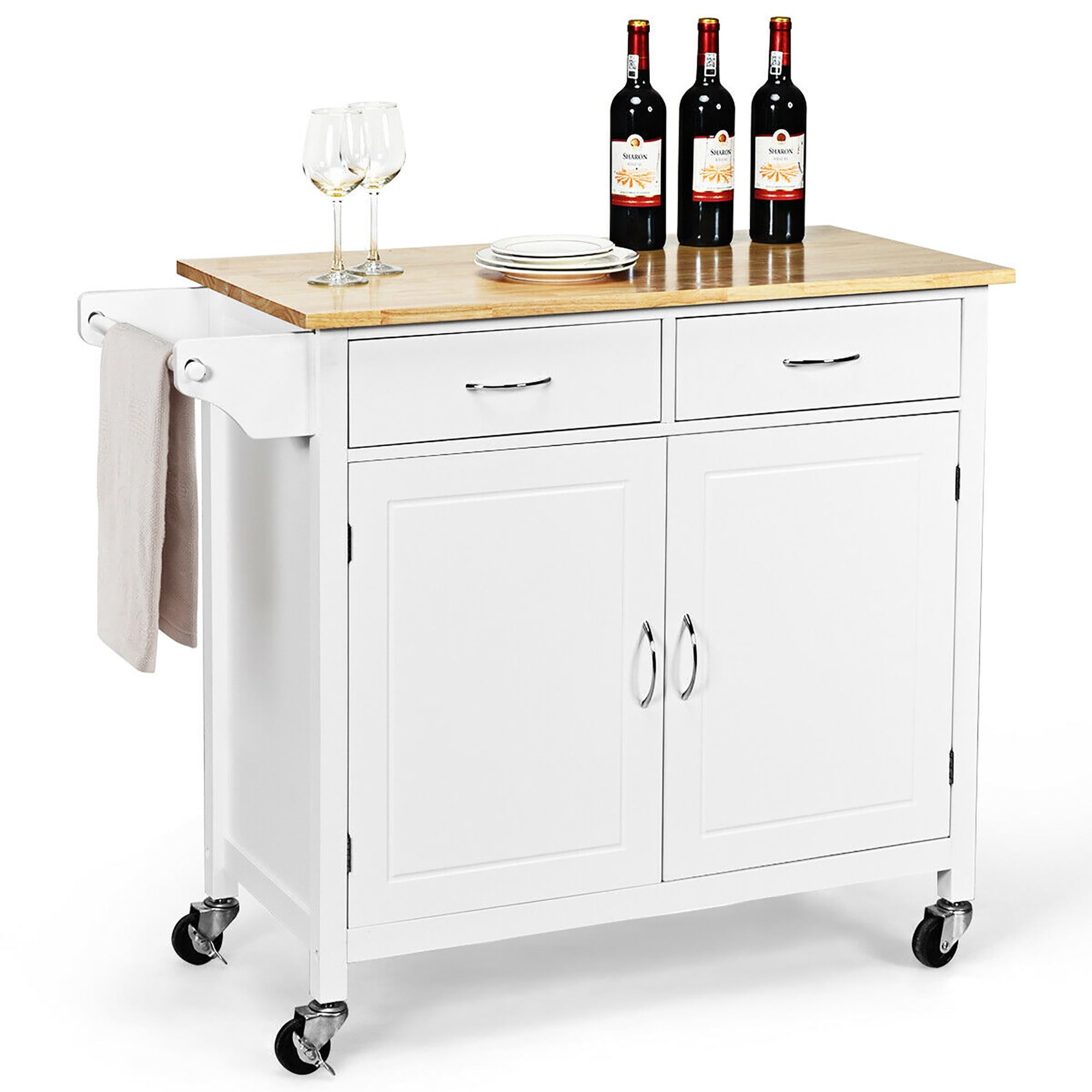 Elegant White Rolling Kitchen Cart with Rubber Wood Top and Storage