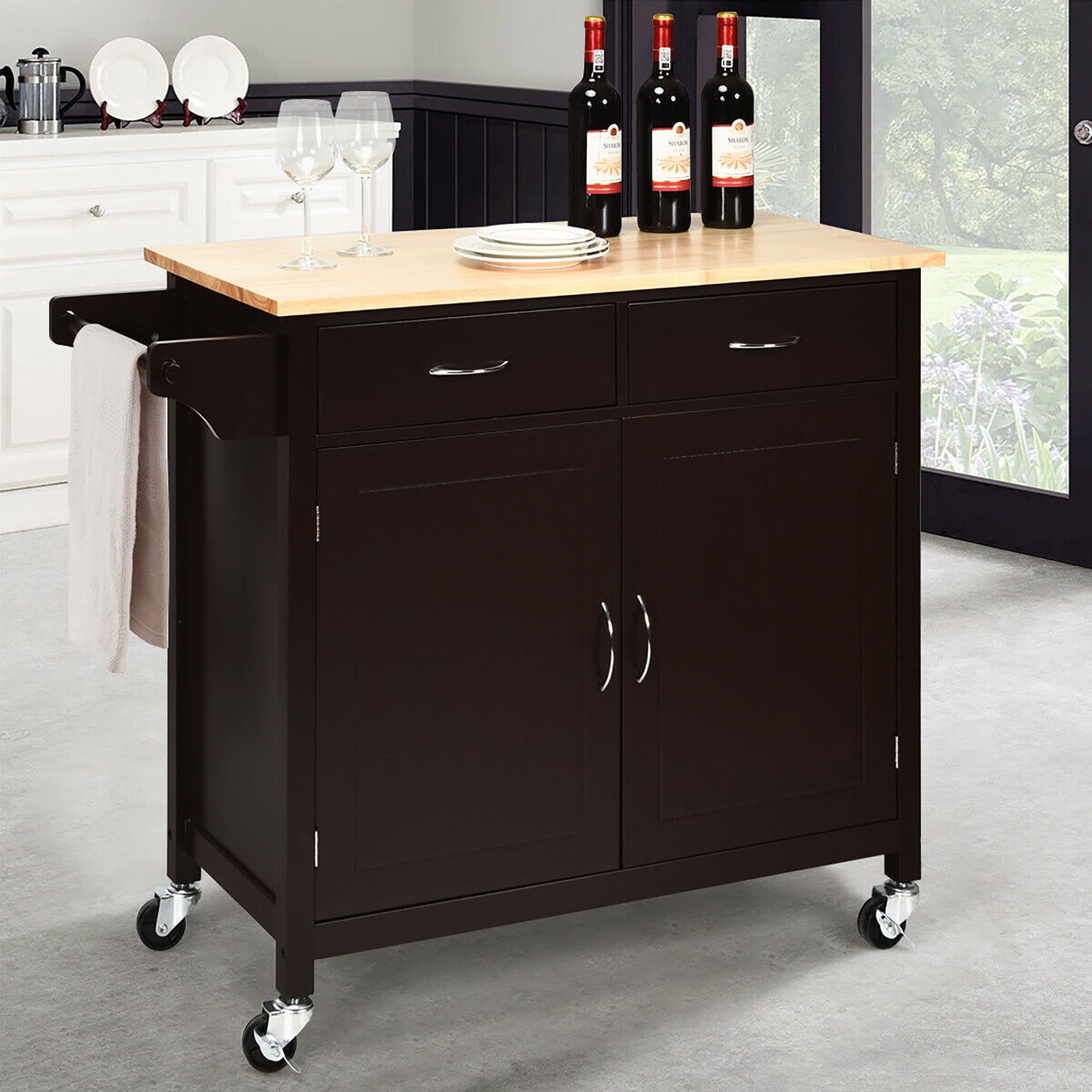 Modern Dark Brown Rolling Kitchen Cart with Wood Top and Storage