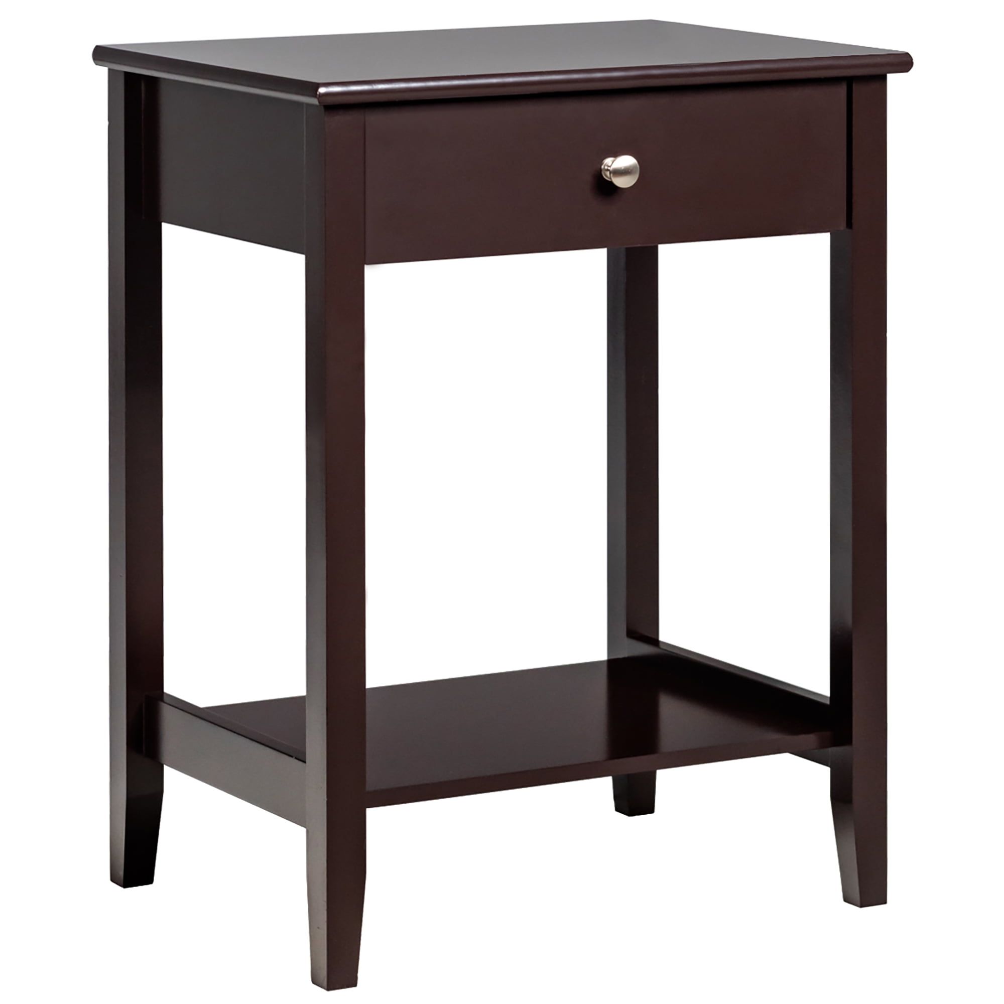 Compact Brown Wood Nightstand with Drawer and Shelf