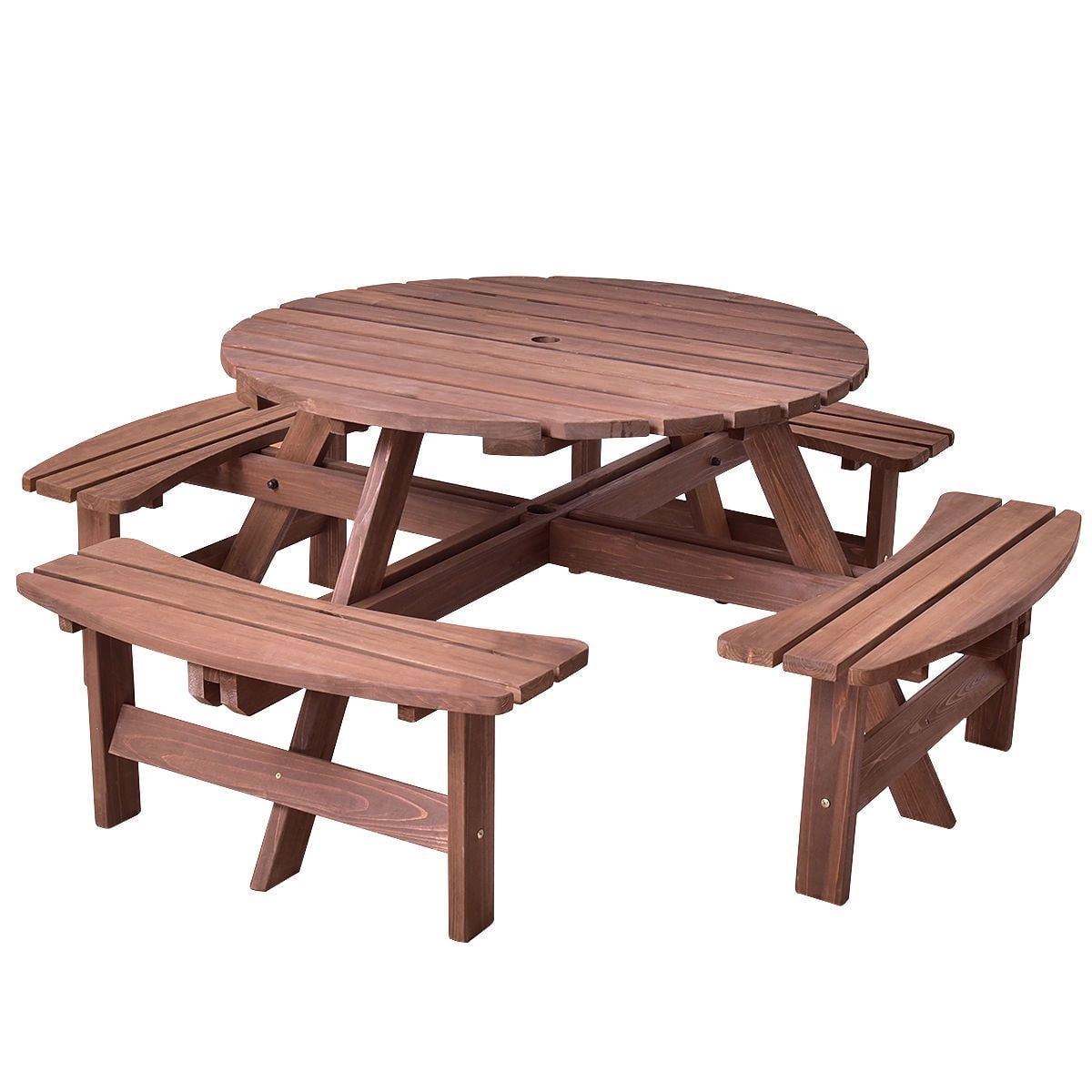 Brown Fir Wood Round Picnic Table Set with Umbrella Hole