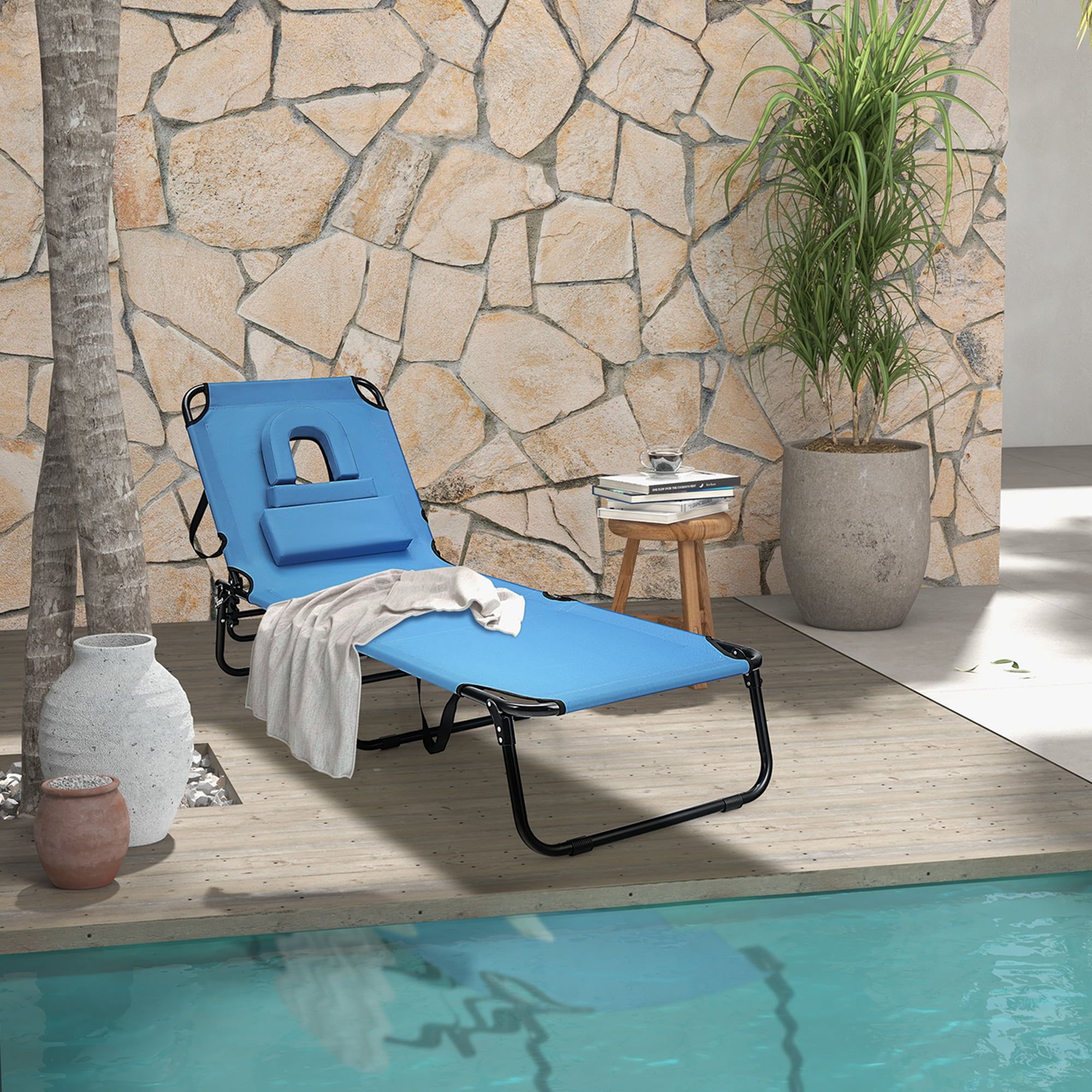 Coastal Comfort Navy Blue Folding Beach Lounger with Face Hole