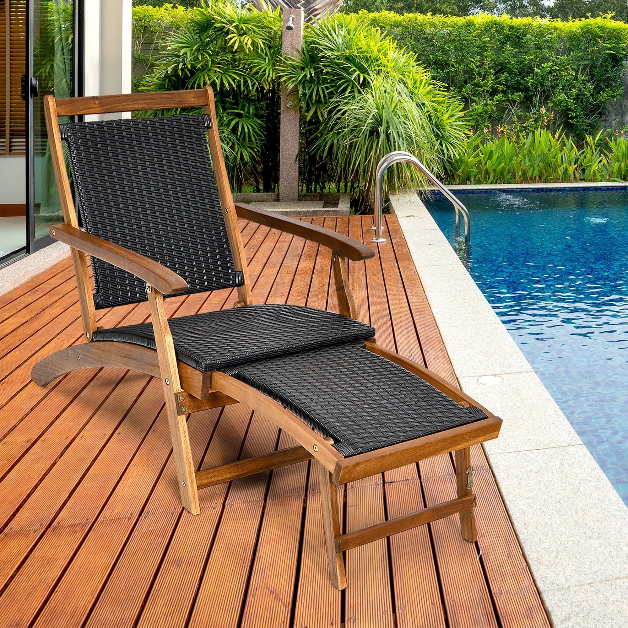 Brown Acacia Wood and Black Rattan Folding Chaise Lounge Chair