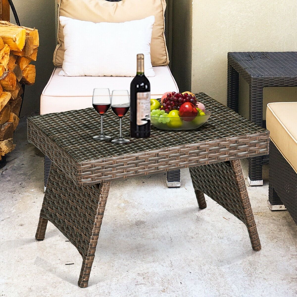 Compact Foldable Brown PE Rattan Side Table with Steel Frame