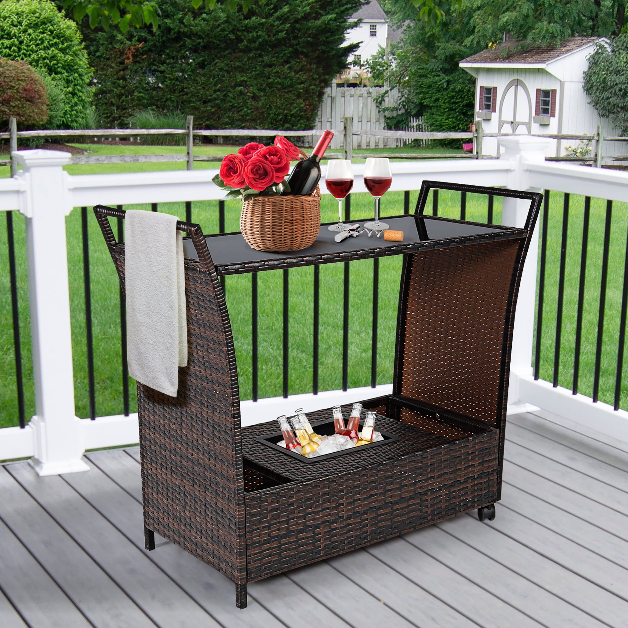 Elegant Rattan and Glass Patio Serving Cart with Ice Bucket