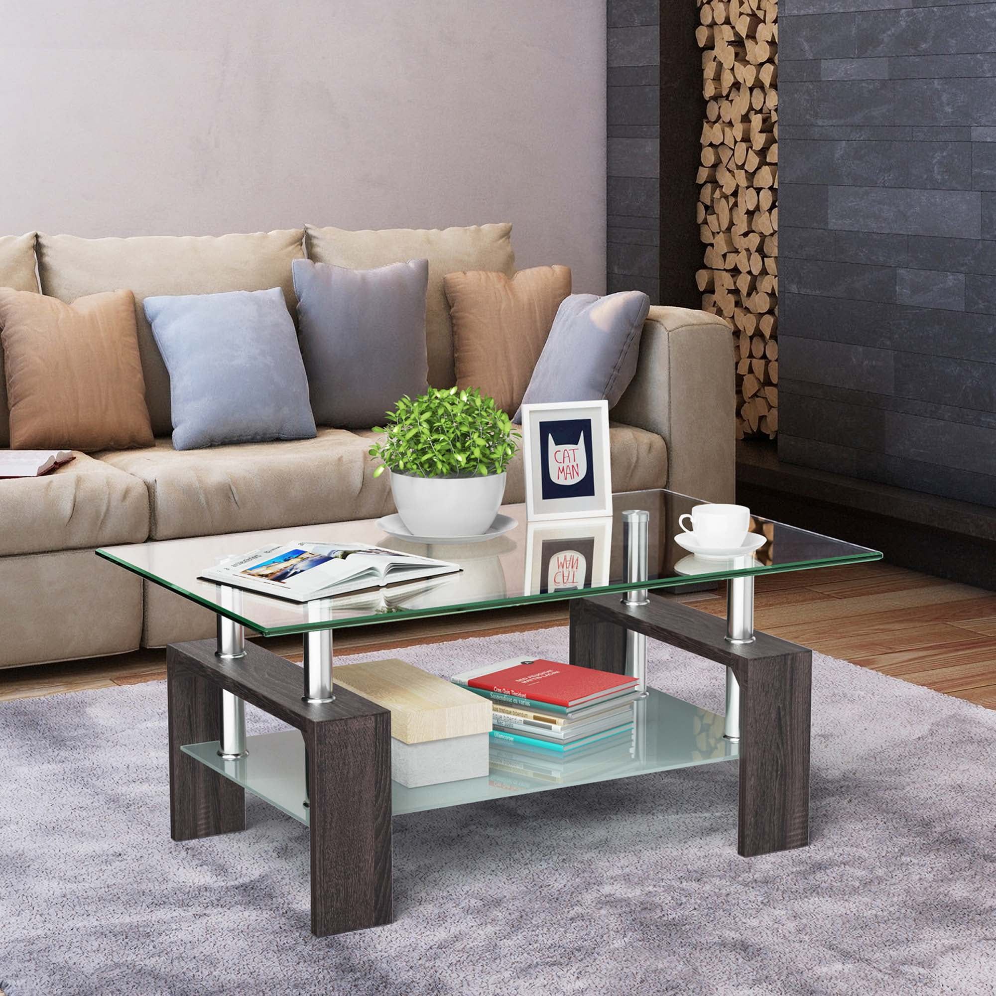 Rectangular Black Glass and Wood Coffee Table with Stainless Steel Legs