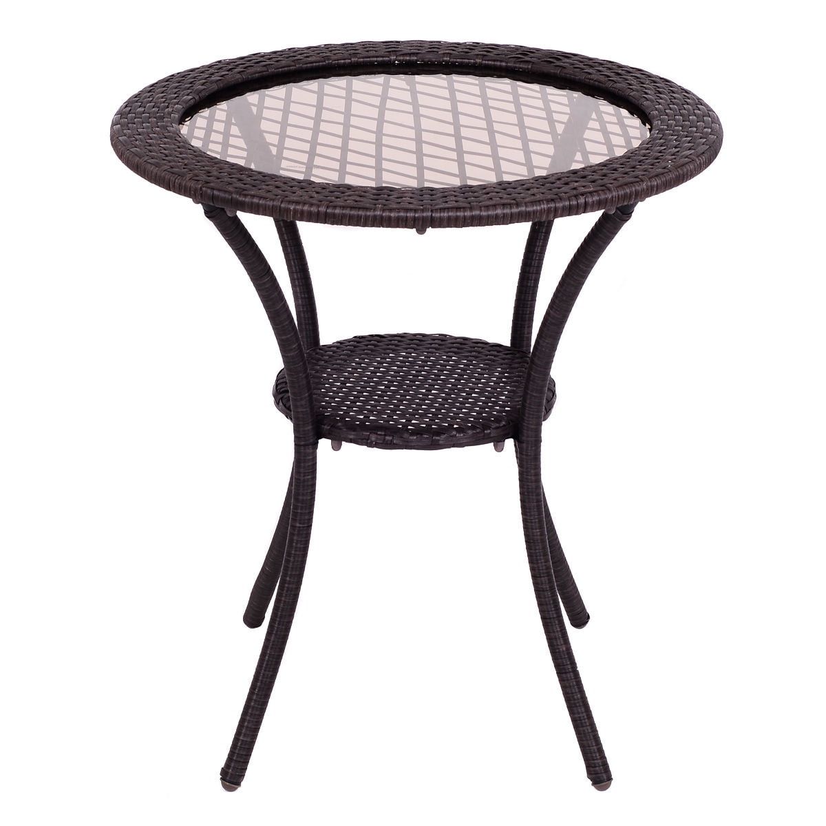 Contemporary Round Wicker & Glass Coffee Table with Lower Shelf