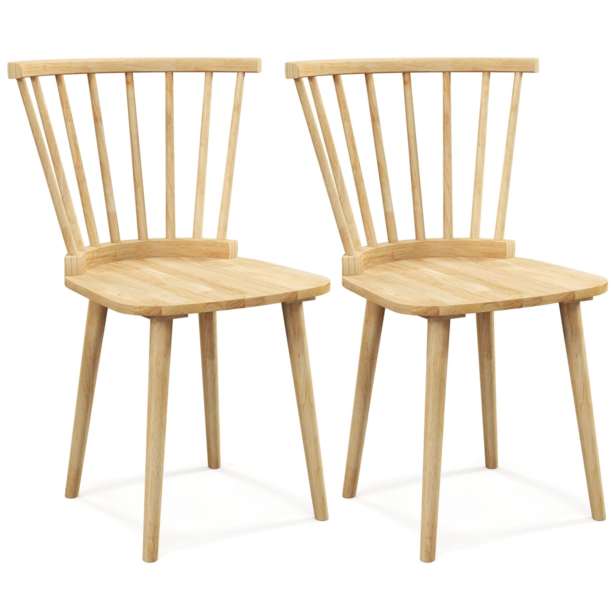 Natural Rubber Wood Windsor Dining Chairs with Spindle Back, Set of 2