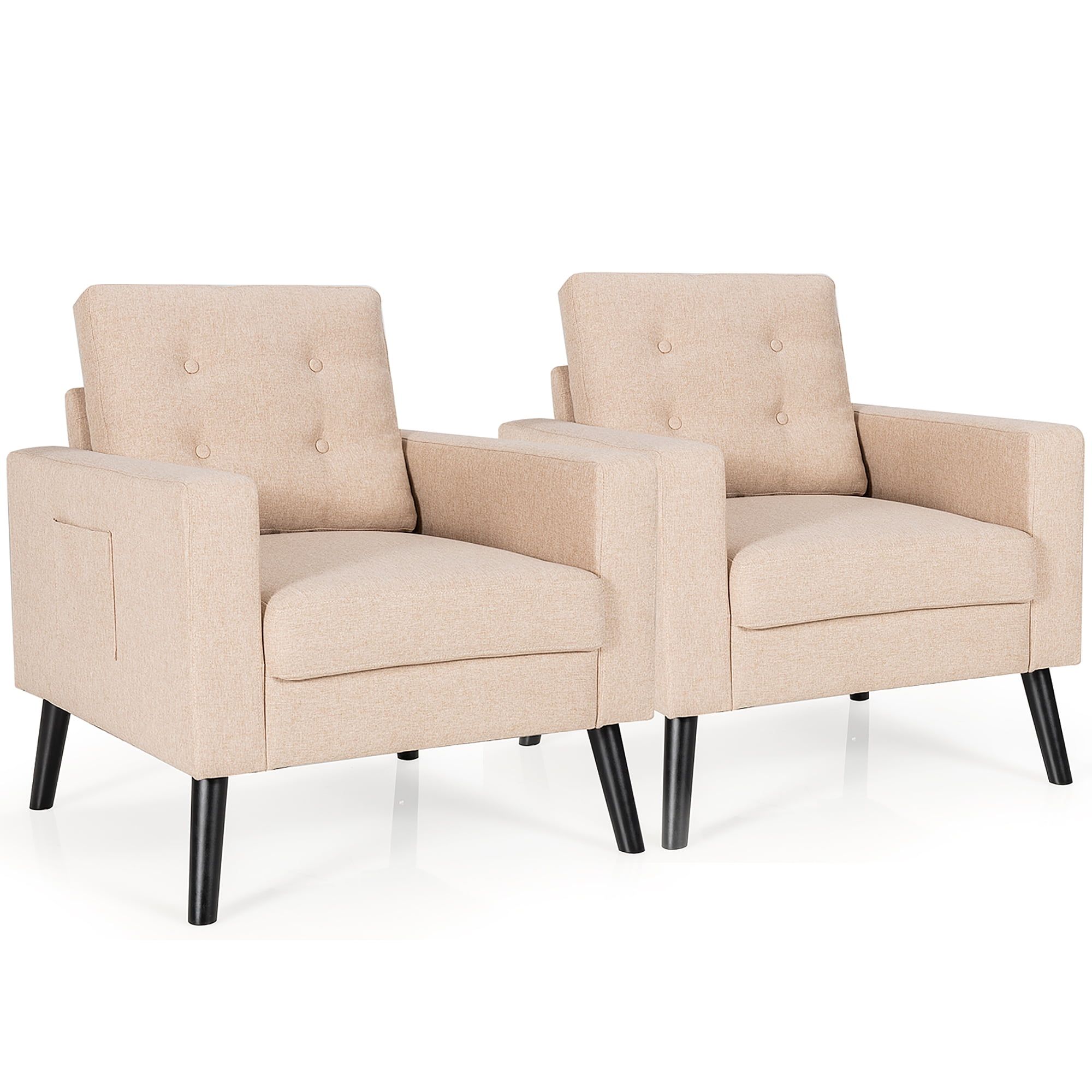 Beige Linen Upholstered Wood Accent Armchair Set with Side Pockets