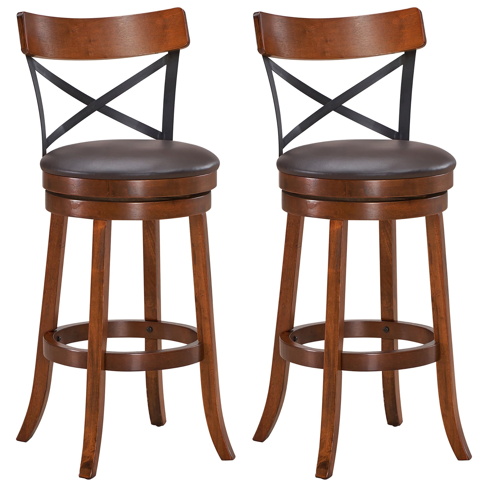 Set of 2 Walnut and Black Swivel Bar Stools with Rubberwood Legs