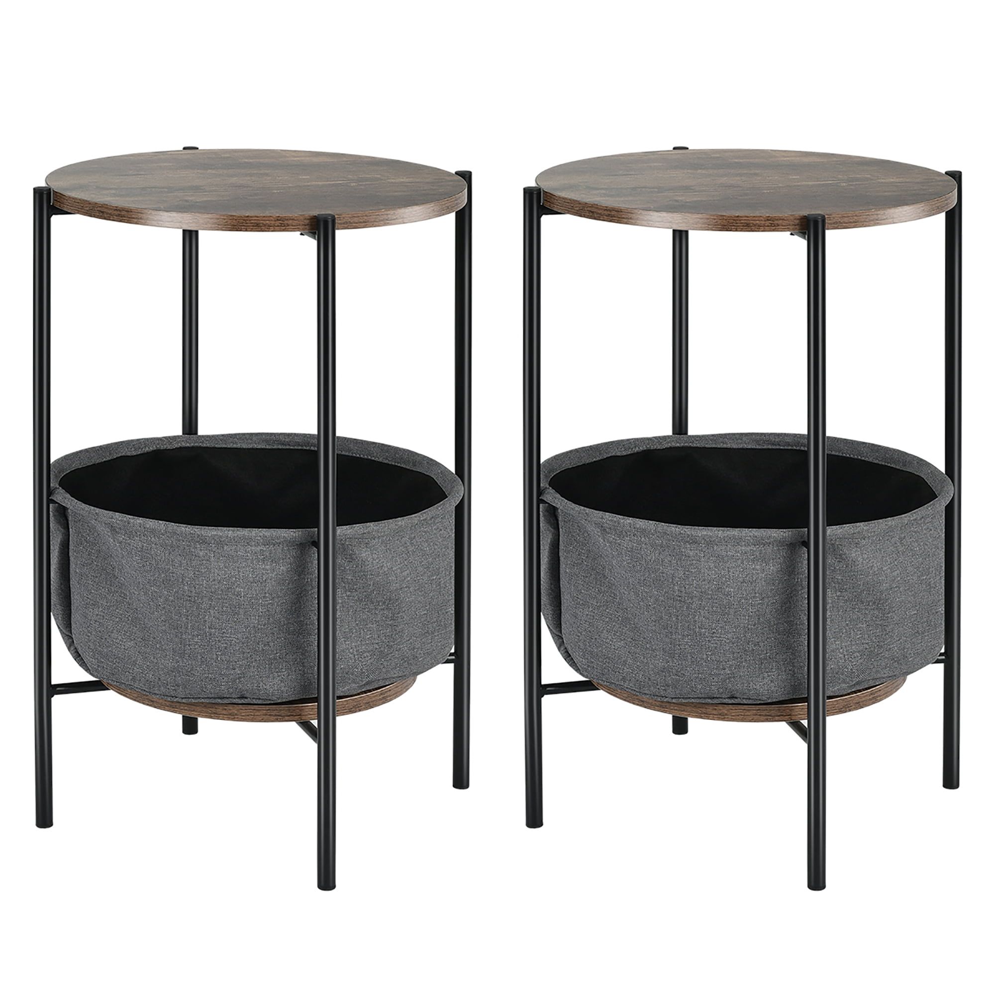 Set of 2 Round Black and Wood End Tables with Storage Basket